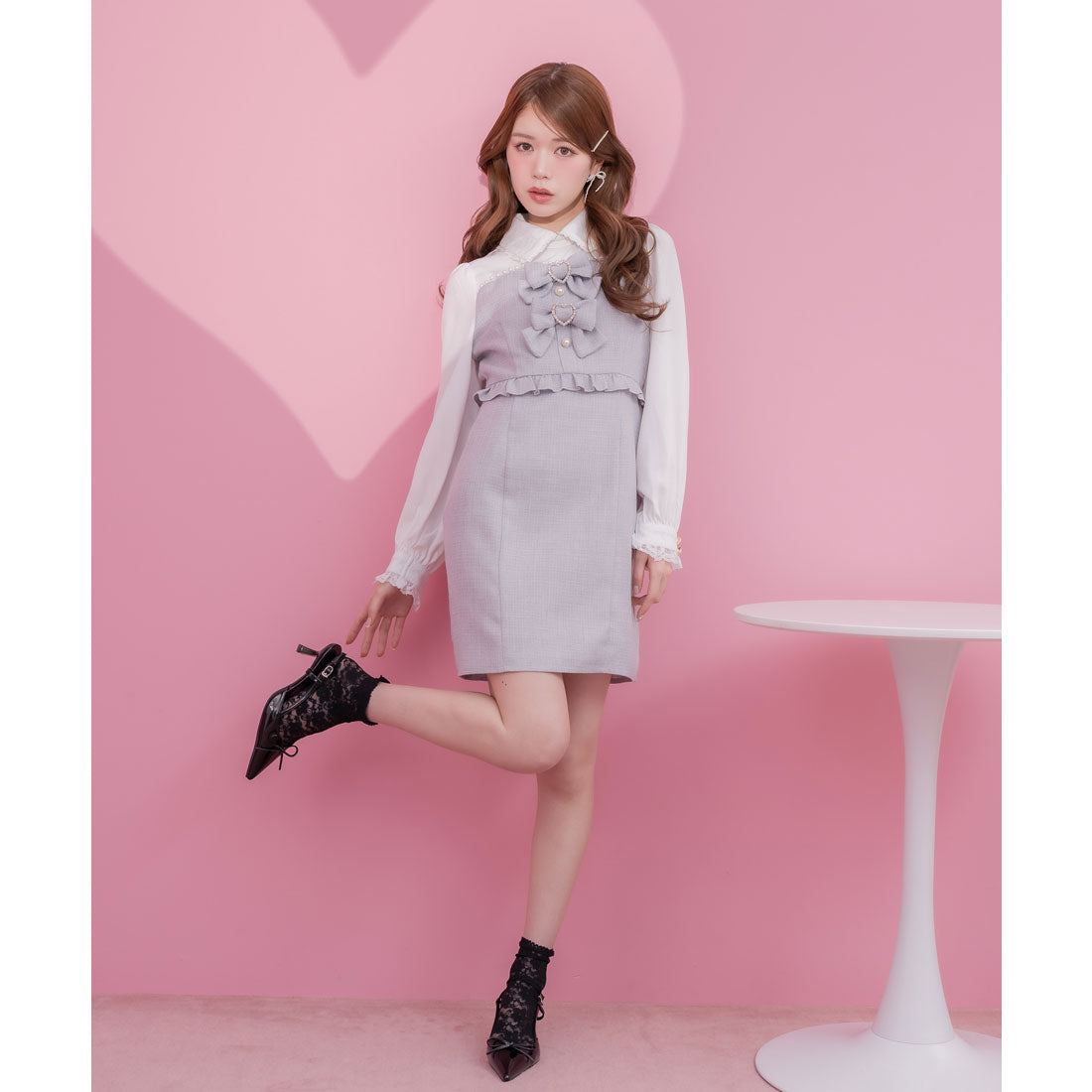 クチュールバイロジータ couture BY ROJITA パールライン切替ダブルリボン付ワンピース (グレー) グレー