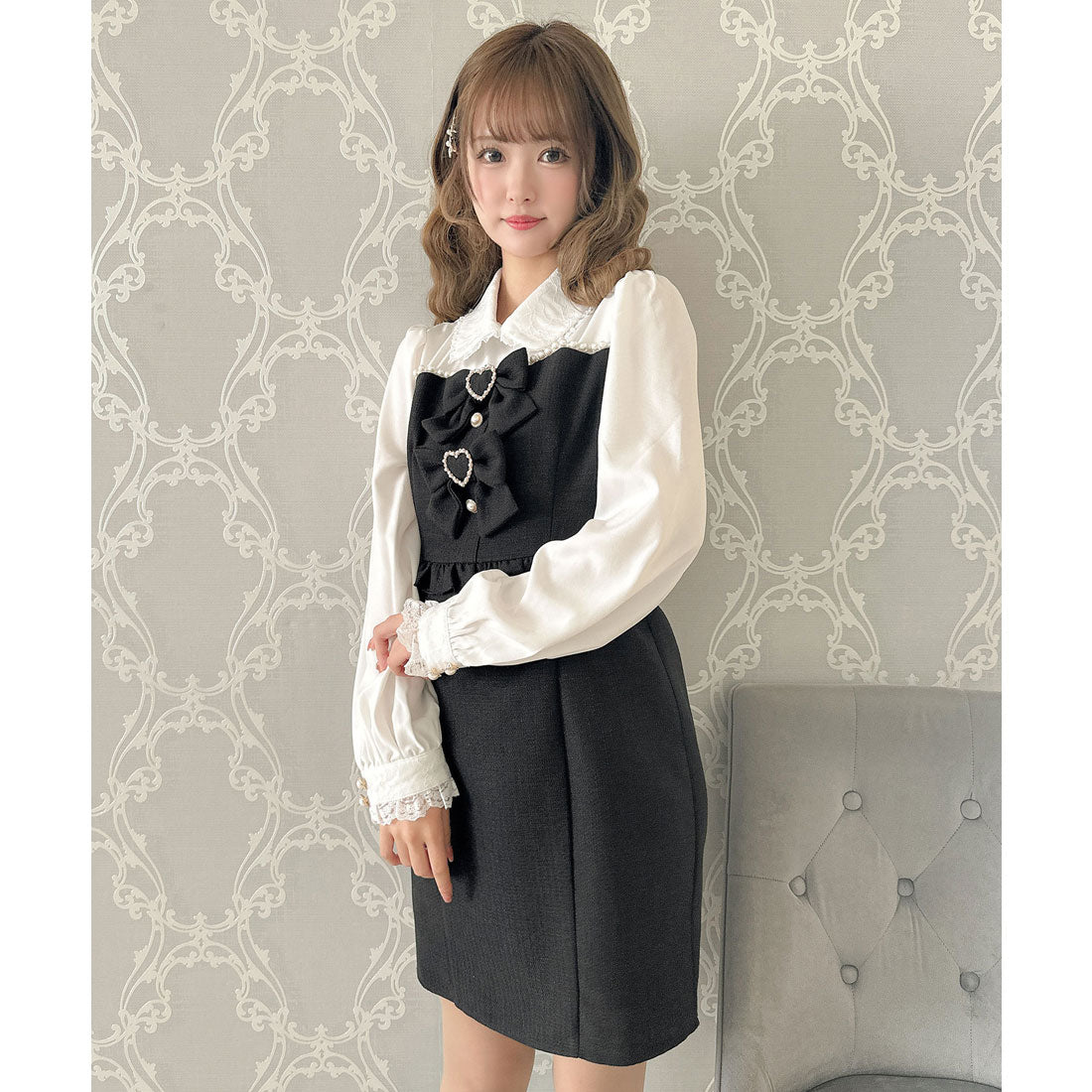 クチュールバイロジータ couture BY ROJITA パールライン切替ダブルリボン付ワンピース (ブラック) ブラック