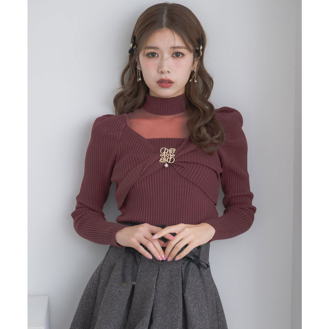 クチュールバイロジータ couture BY ROJITA シアーデコルテツイストリボンニット (ボルドー) ボルドー