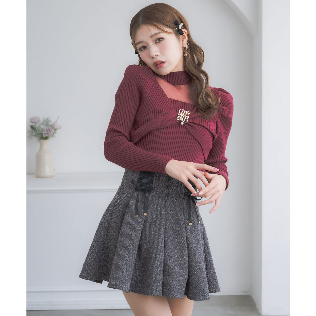 クチュールバイロジータ couture BY ROJITA シアーデコルテツイストリボンニット (ボルドー) ボルドー