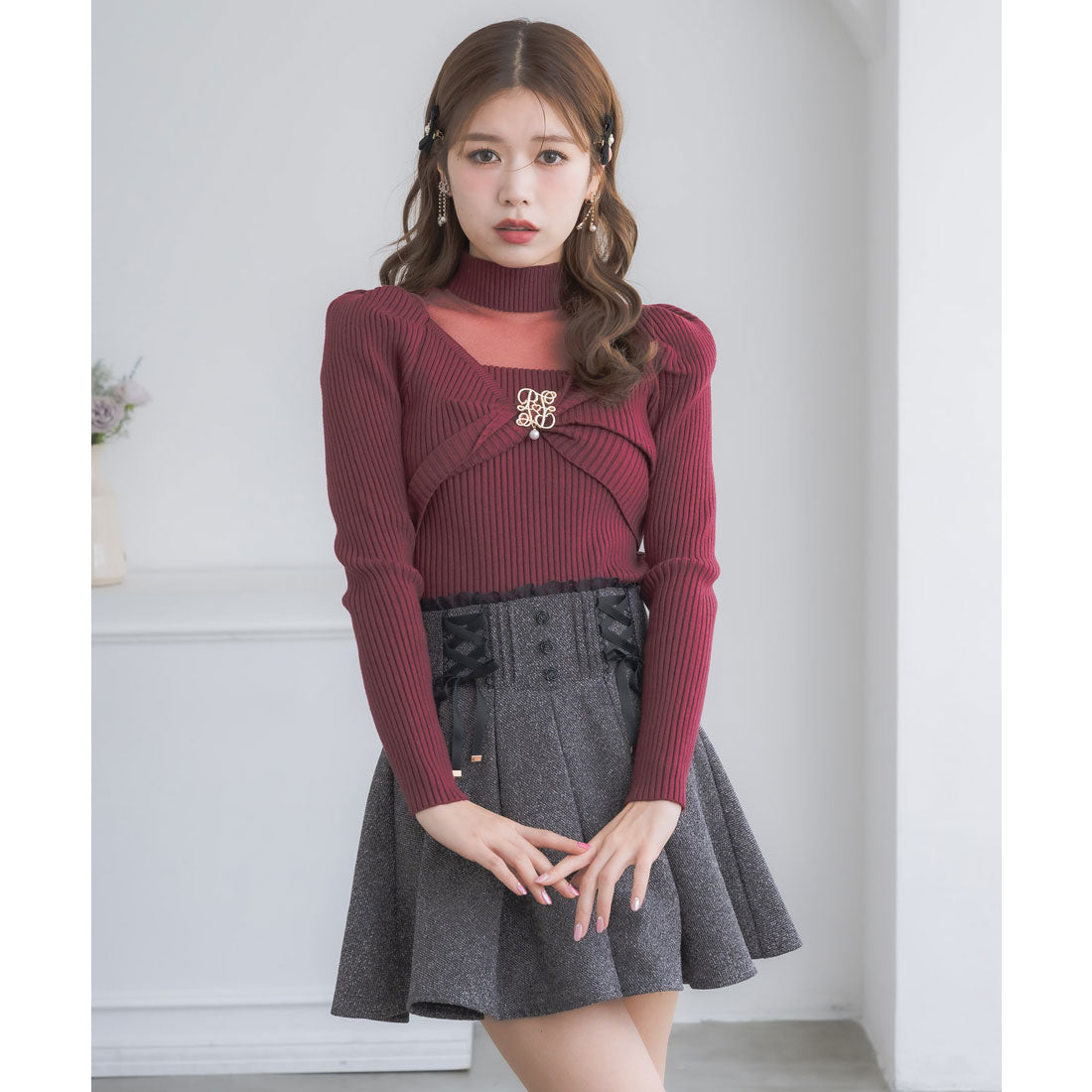 クチュールバイロジータ couture BY ROJITA シアーデコルテツイストリボンニット (ボルドー) ボルドー