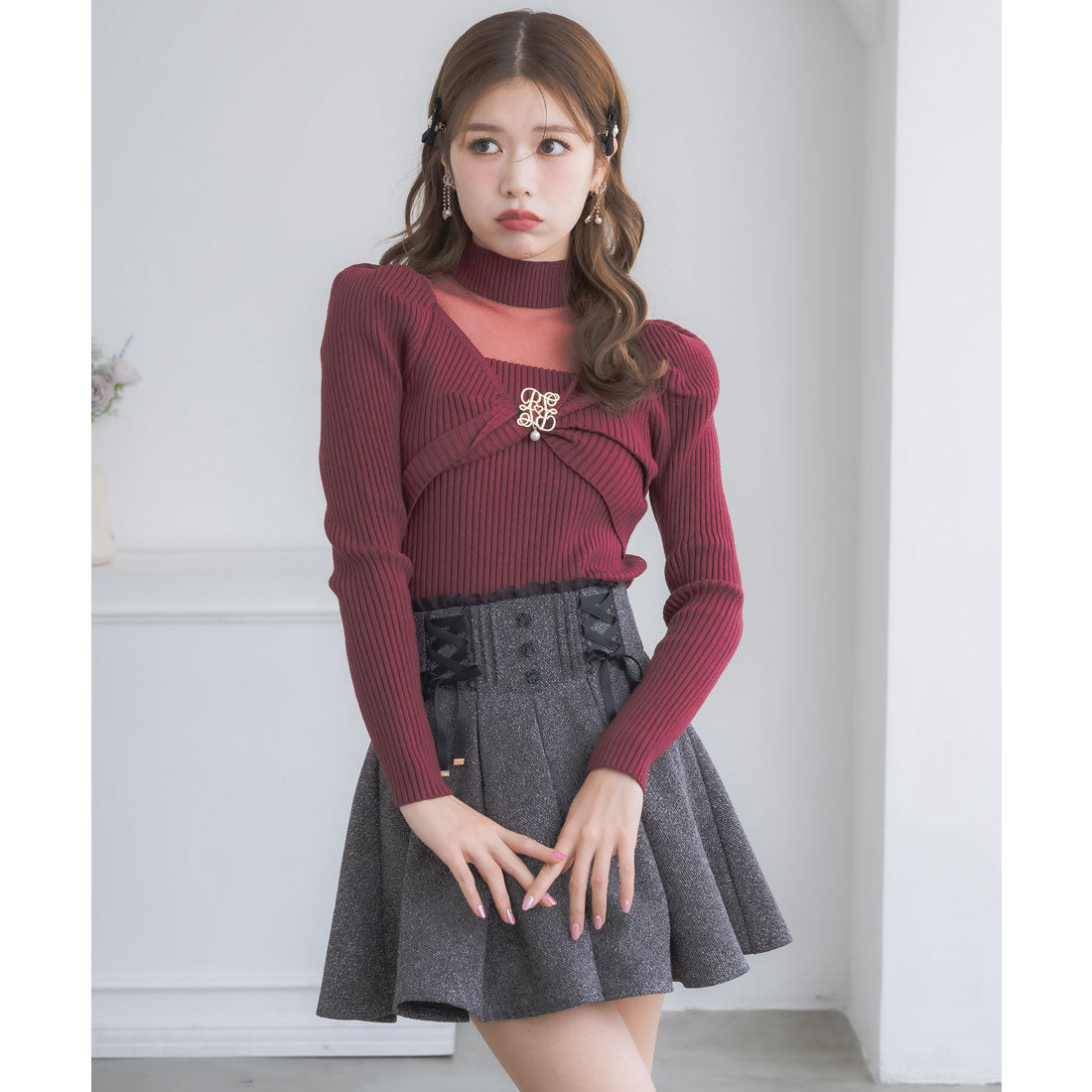 クチュールバイロジータ couture BY ROJITA シアーデコルテツイストリボンニット (ボルドー) ボルドー