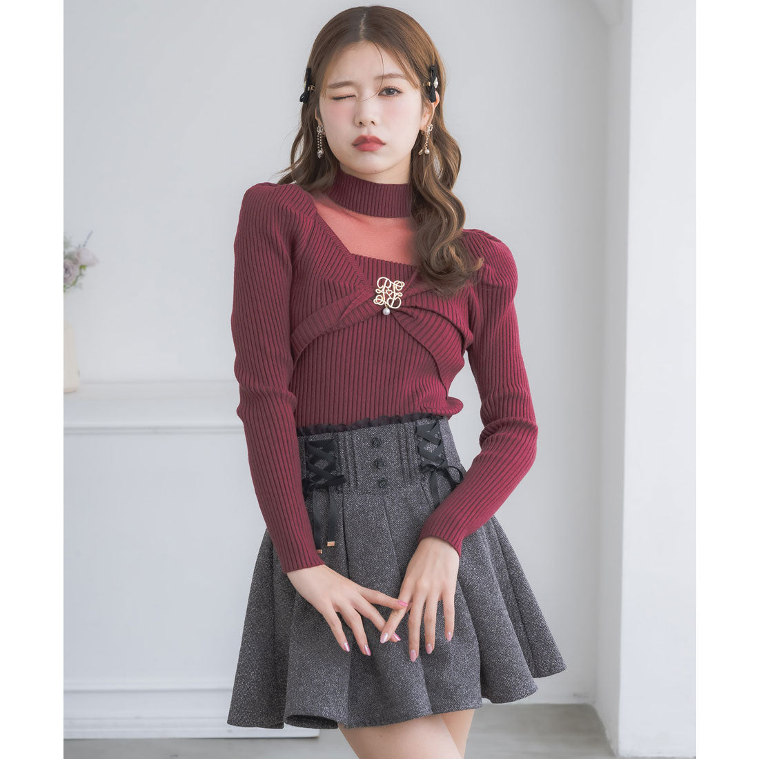 クチュールバイロジータ couture BY ROJITA シアーデコルテツイストリボンニット (ボルドー) ボルドー