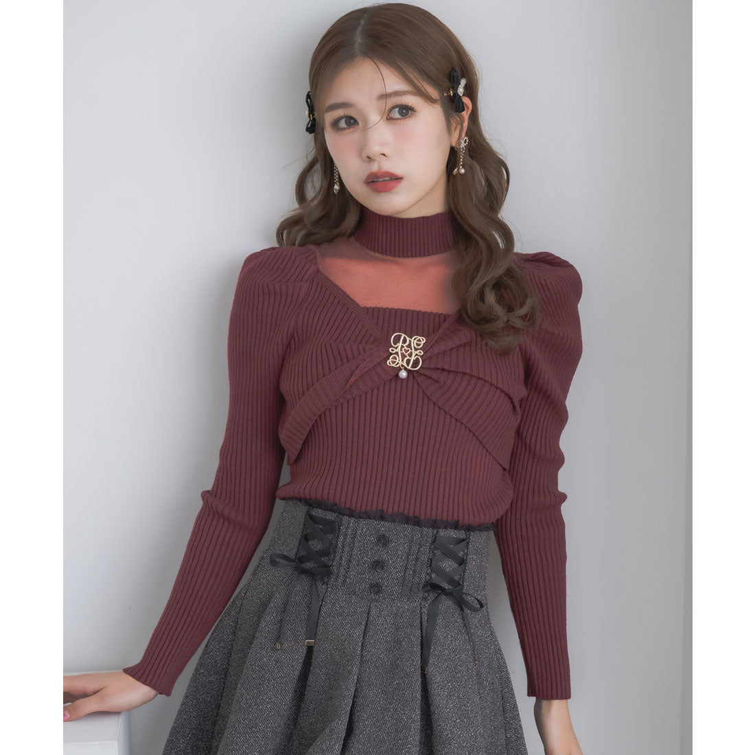 クチュールバイロジータ couture BY ROJITA シアーデコルテツイストリボンニット (ボルドー) ボルドー