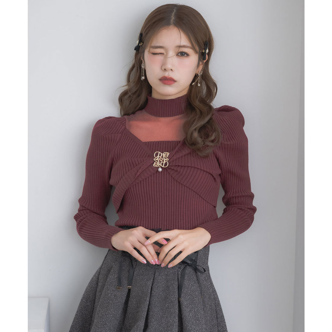 クチュールバイロジータ couture BY ROJITA シアーデコルテツイストリボンニット (ボルドー) ボルドー
