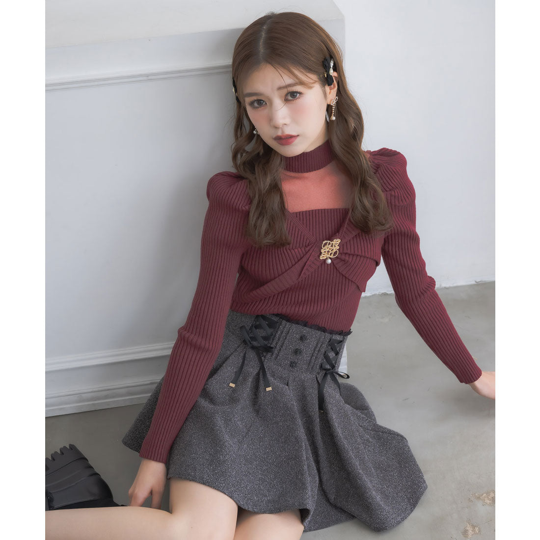 クチュールバイロジータ couture BY ROJITA シアーデコルテツイストリボンニット (ボルドー) ボルドー