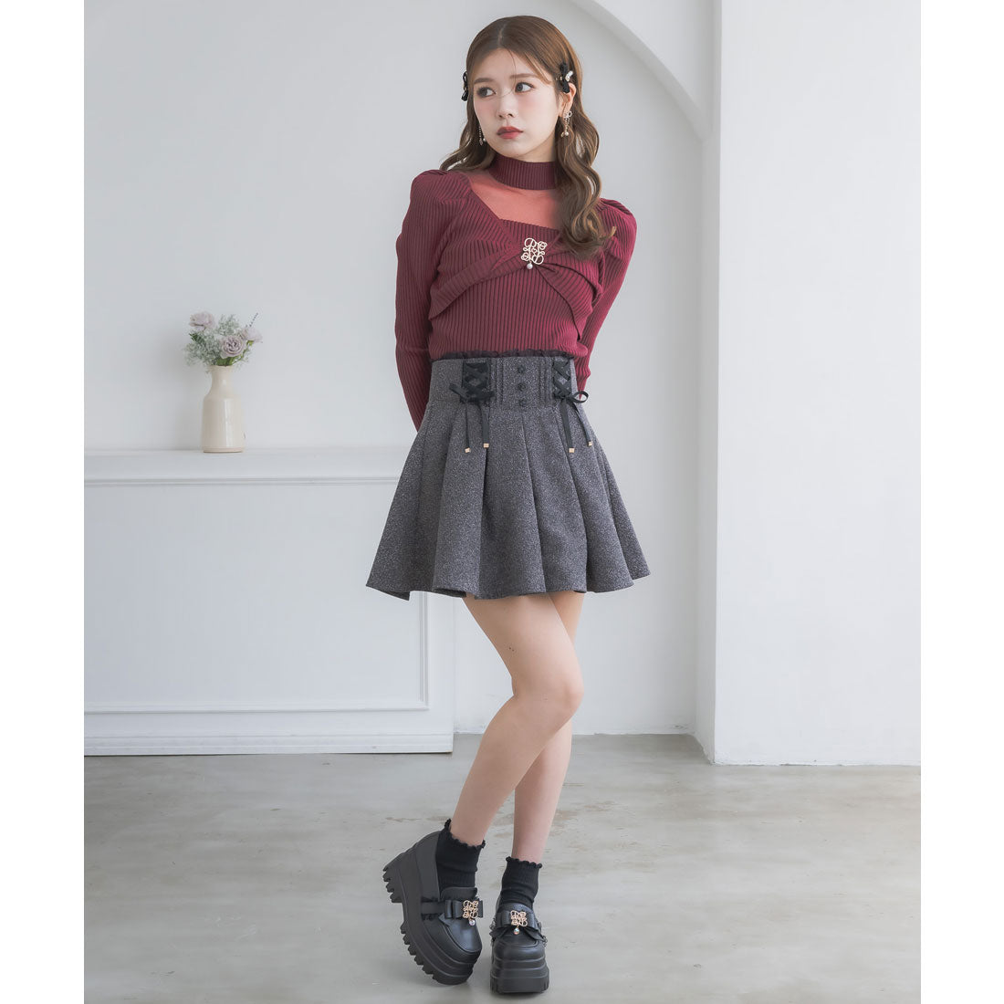 クチュールバイロジータ couture BY ROJITA シアーデコルテツイストリボンニット (ボルドー) ボルドー