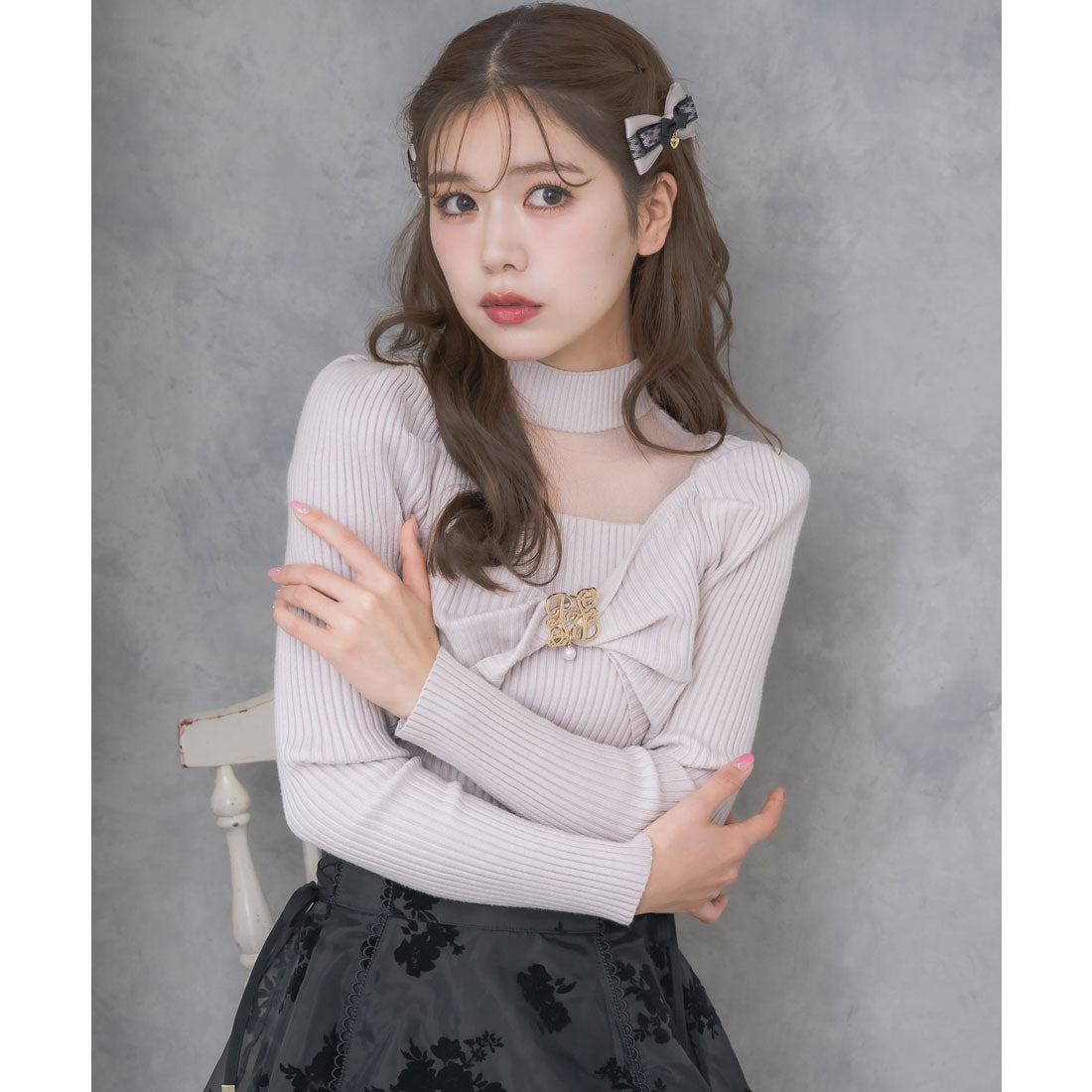 クチュールバイロジータ couture BY ROJITA シアーデコルテツイストリボンニット (ピンクベージュ) ピンクベージュ