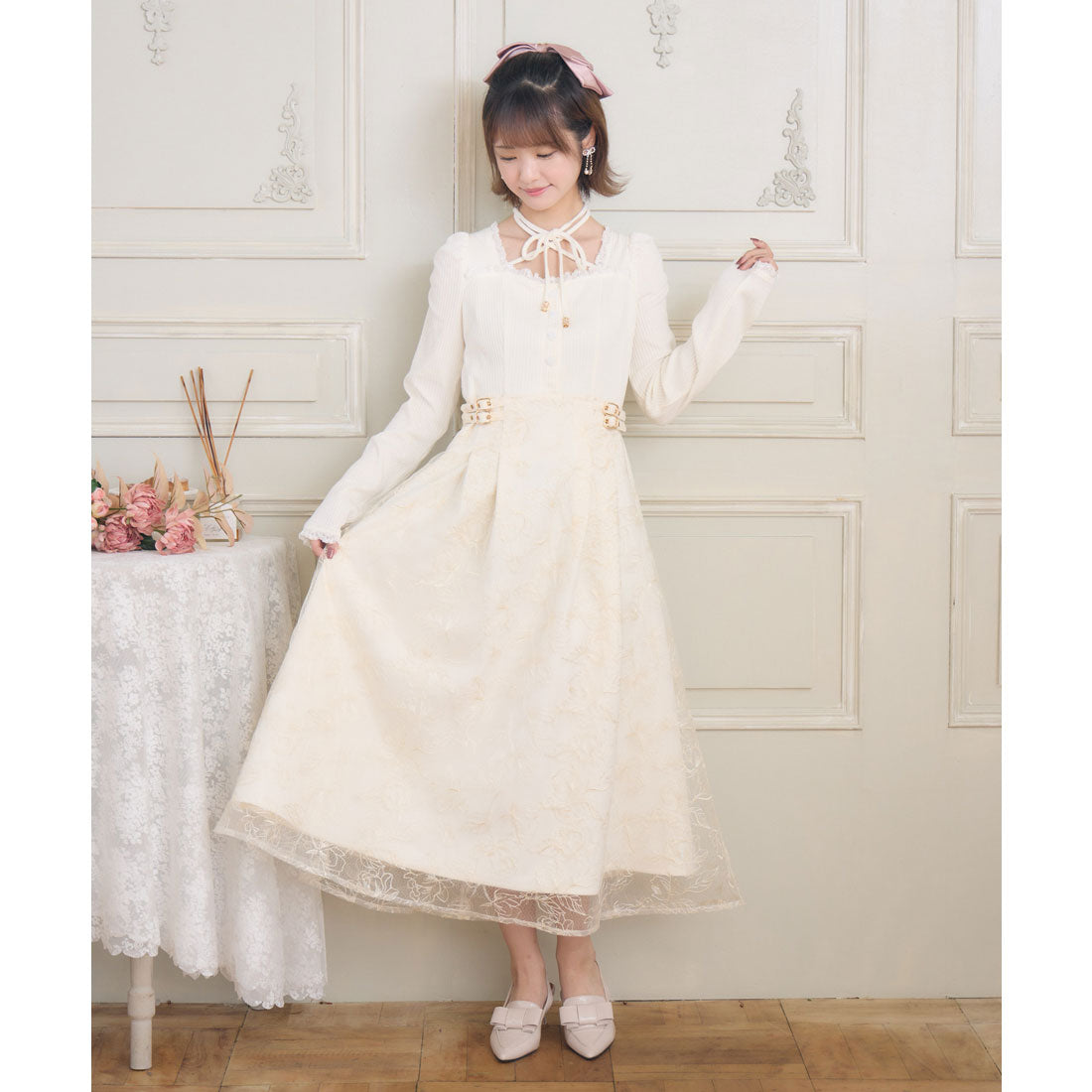 クチュールバイロジータ couture BY ROJITA フラワー刺繍ドッキングワンピース (アイボリー) アイボリー