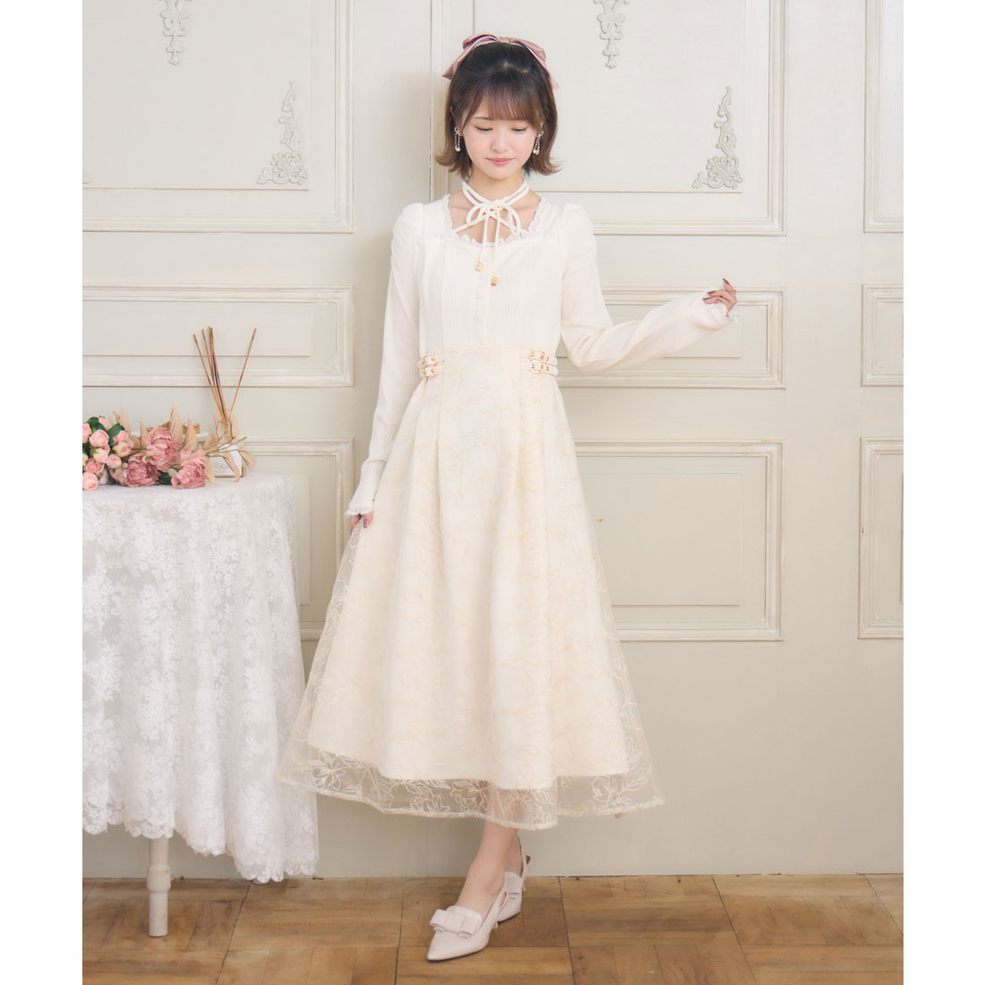 クチュールバイロジータ couture BY ROJITA フラワー刺繍ドッキングワンピース (アイボリー) アイボリー