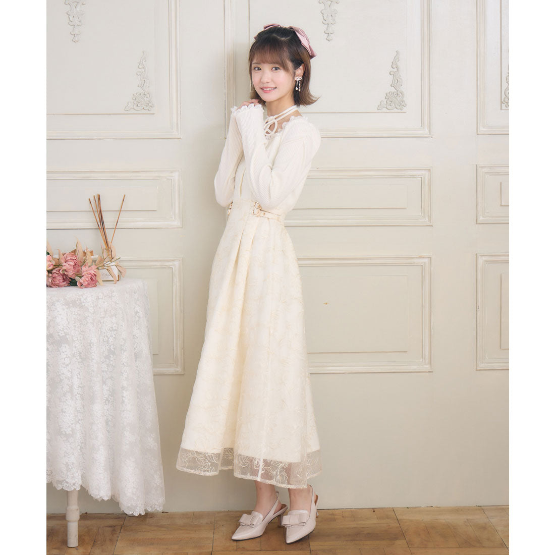 クチュールバイロジータ couture BY ROJITA フラワー刺繍ドッキングワンピース (アイボリー) アイボリー