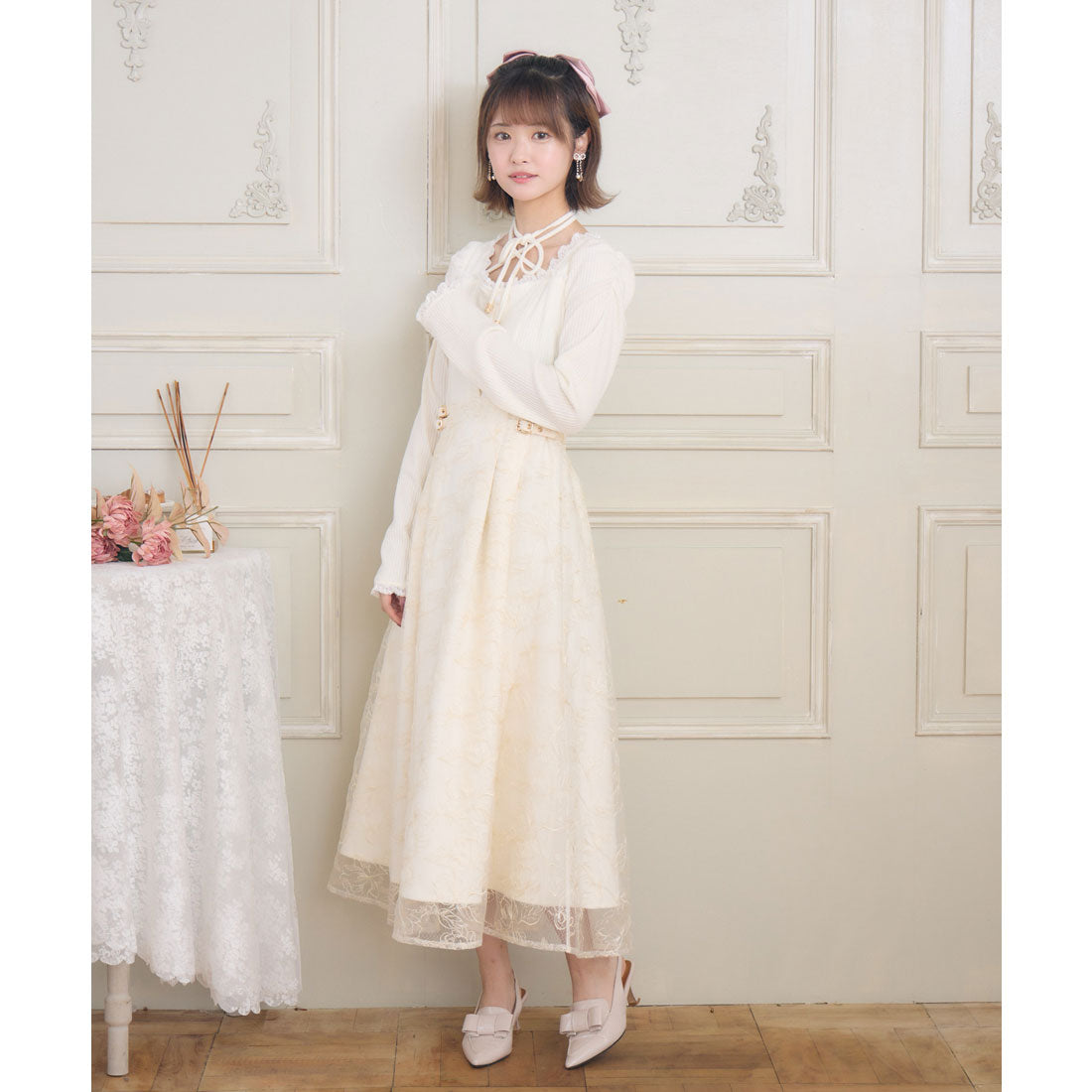 クチュールバイロジータ couture BY ROJITA フラワー刺繍ドッキングワンピース (アイボリー) アイボリー