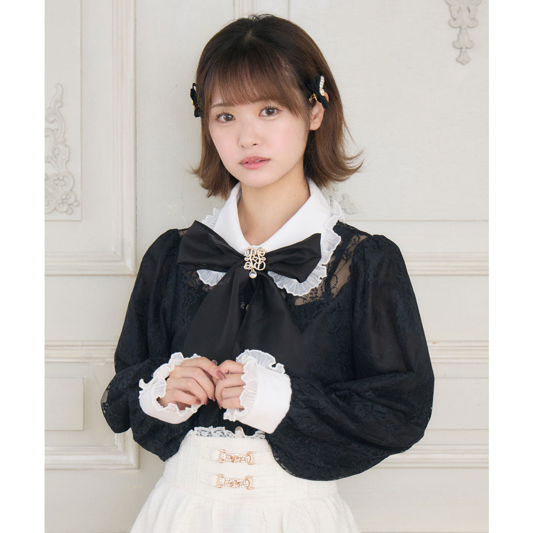 クチュールバイロジータ couture BY ROJITA モノグラムブローチレースブラウス (ブラック) ブラック