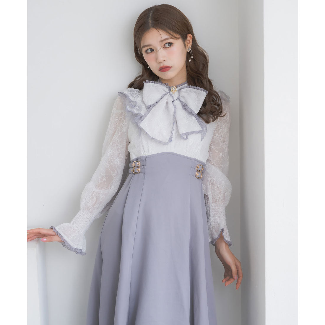 クチュールバイロジータ couture BY ROJITA レーシードッキング長袖ワンピース (ブルー) ブルー