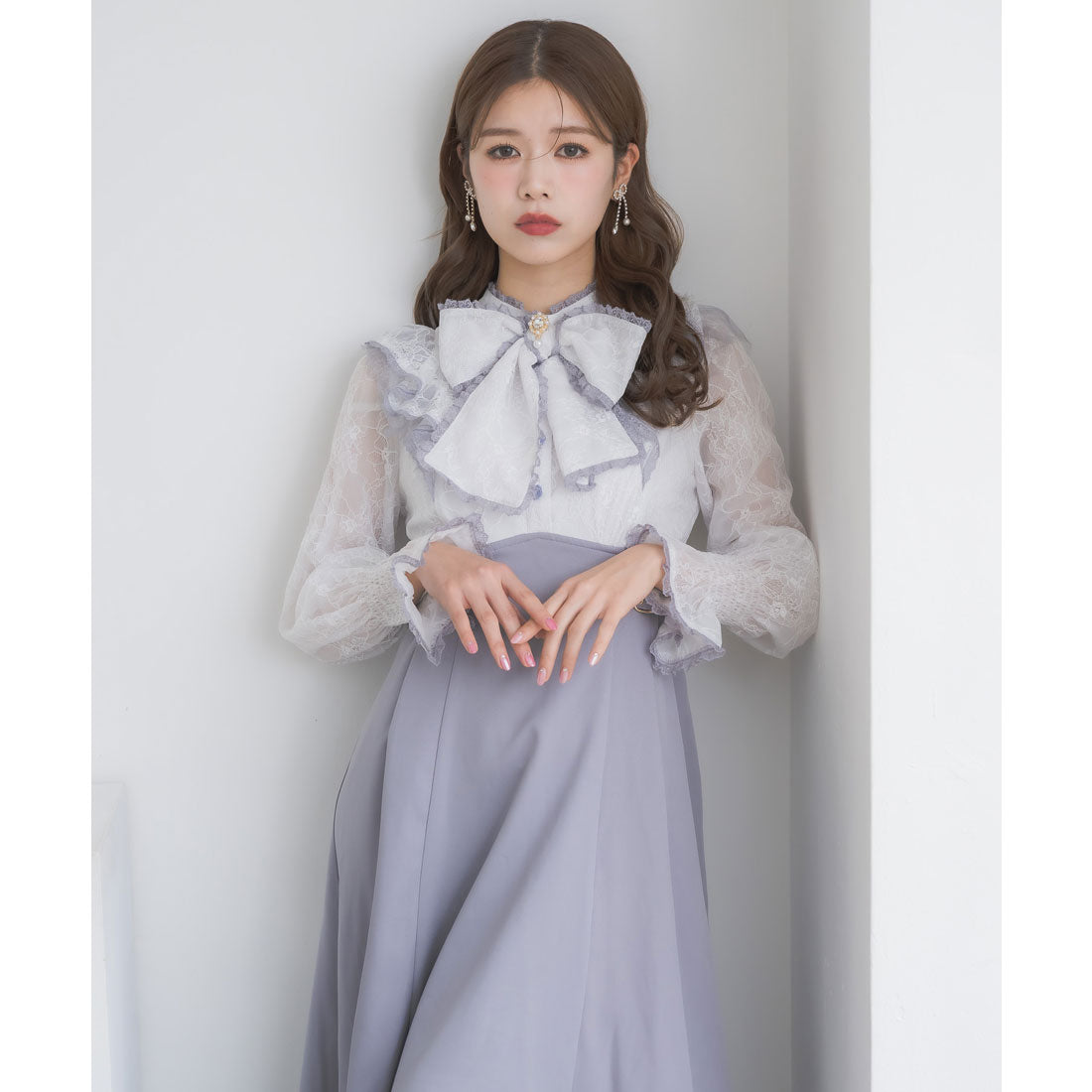 クチュールバイロジータ couture BY ROJITA レーシードッキング長袖ワンピース (ブルー) ブルー