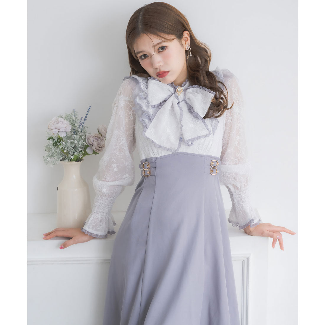 クチュールバイロジータ couture BY ROJITA レーシードッキング長袖ワンピース (ブルー) ブルー