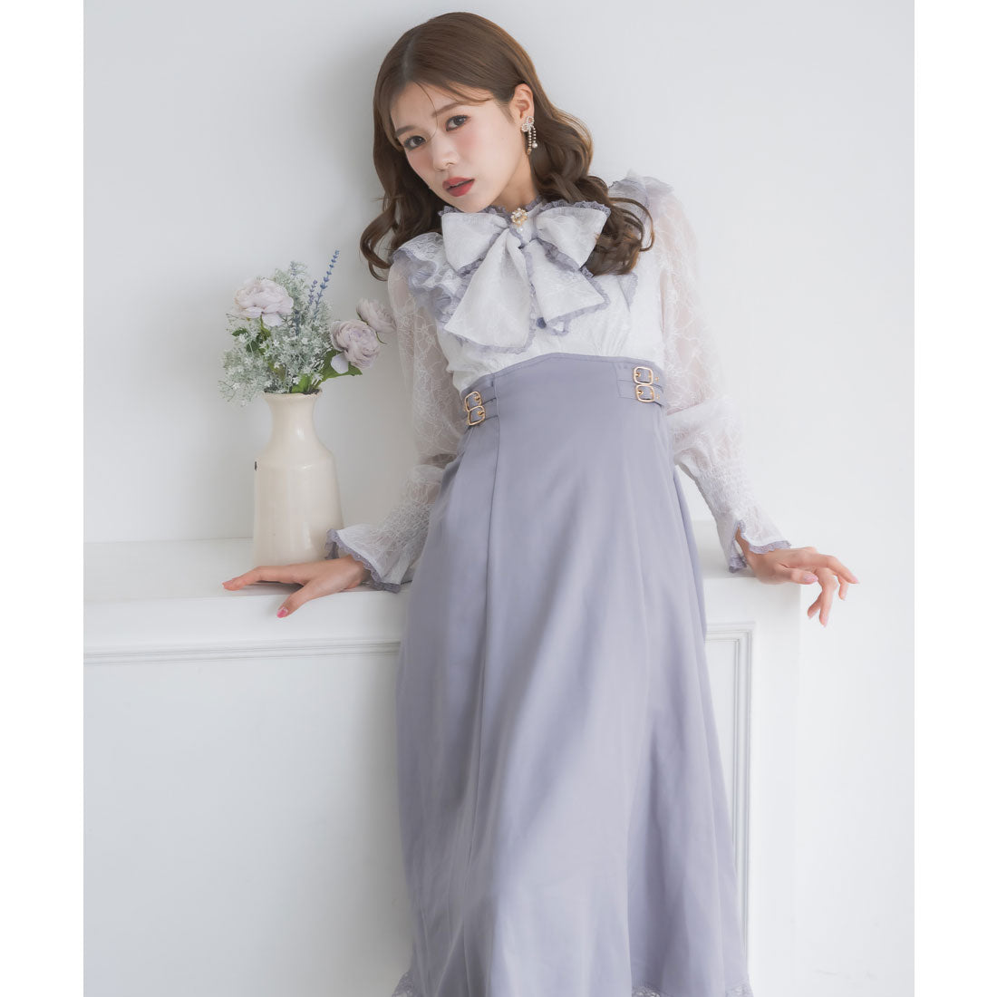 クチュールバイロジータ couture BY ROJITA レーシードッキング長袖ワンピース (ブルー) ブルー