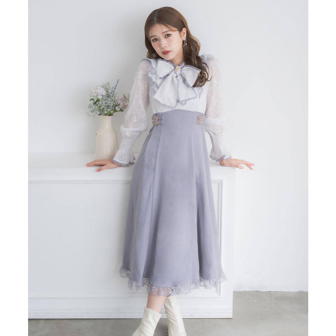 クチュールバイロジータ couture BY ROJITA レーシードッキング長袖ワンピース (ブルー) ブルー