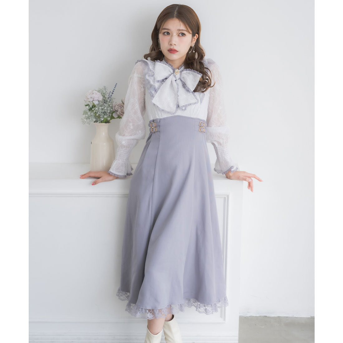 クチュールバイロジータ couture BY ROJITA レーシードッキング長袖ワンピース (ブルー) ブルー