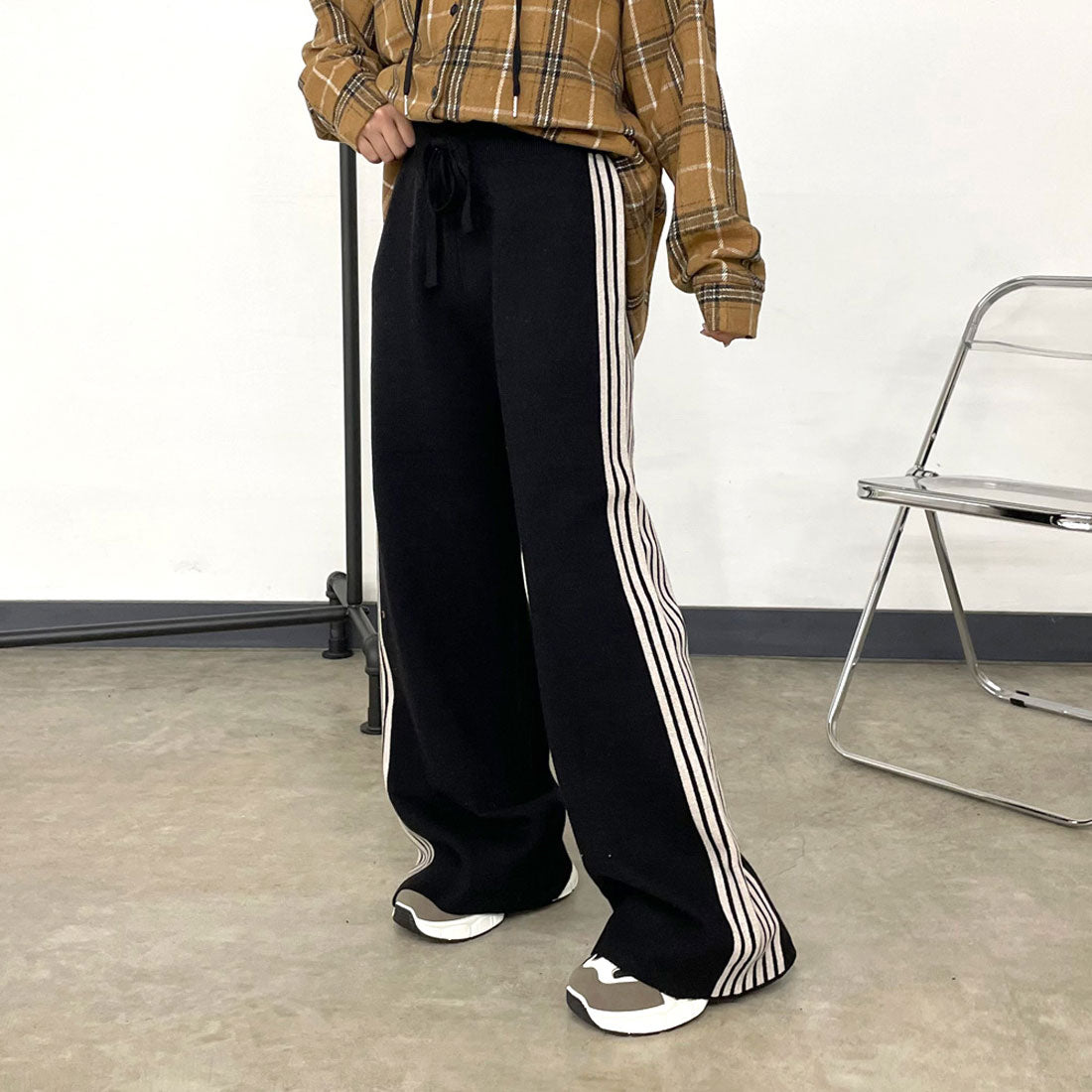 シーアールビー CRB ラインニットワイドパンツ (グレー) グレー