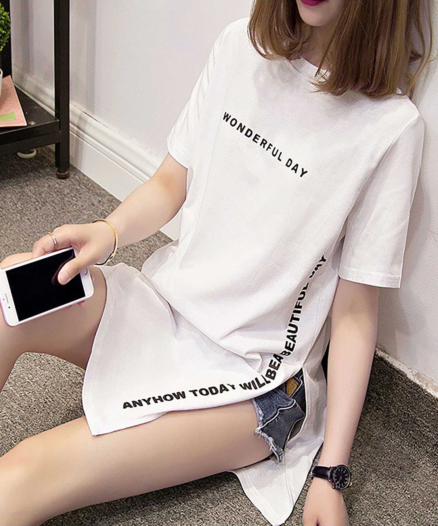 ニナエリナ Nina et Lina サイドスリットクルーネックビッグTシャツ