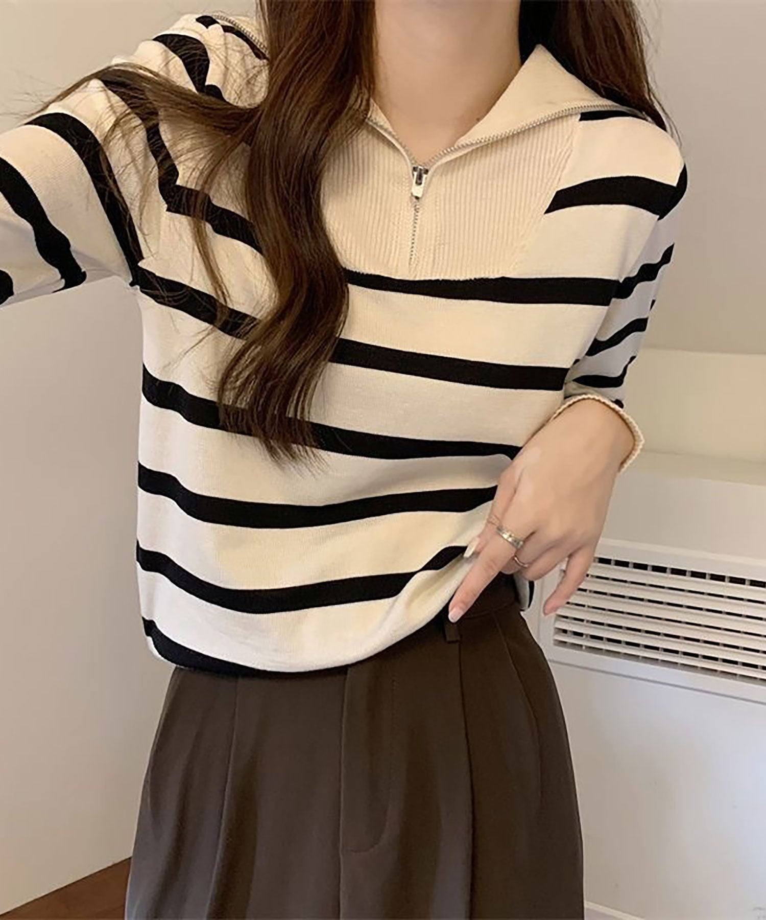 ニナエリナ Nina et Lina ハーフジップボーダーニットプルオーバー (ブラック) ブラック