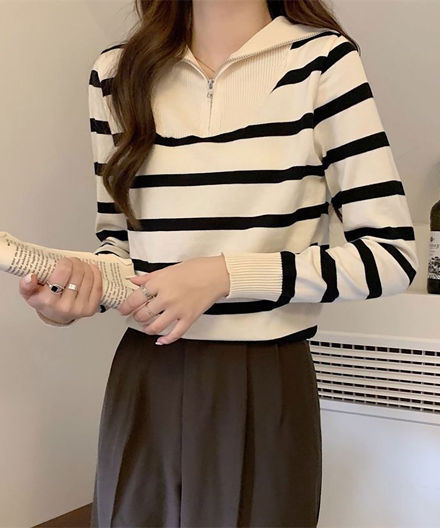 ニナエリナ Nina et Lina ハーフジップボーダーニットプルオーバー (ブラック) ブラック