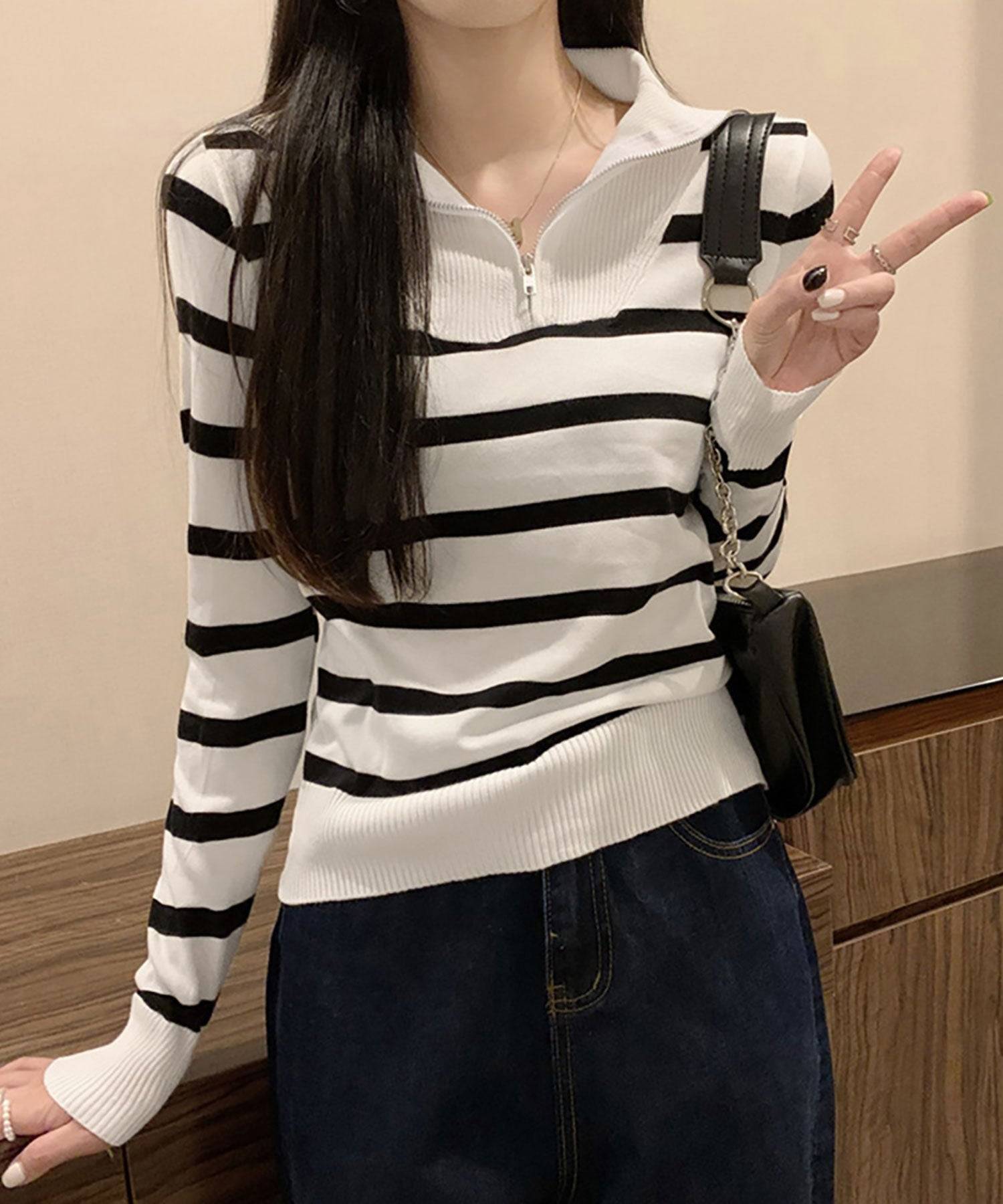 ニナエリナ Nina et Lina ハーフジップボーダーニットプルオーバー (ホワイト) ホワイト