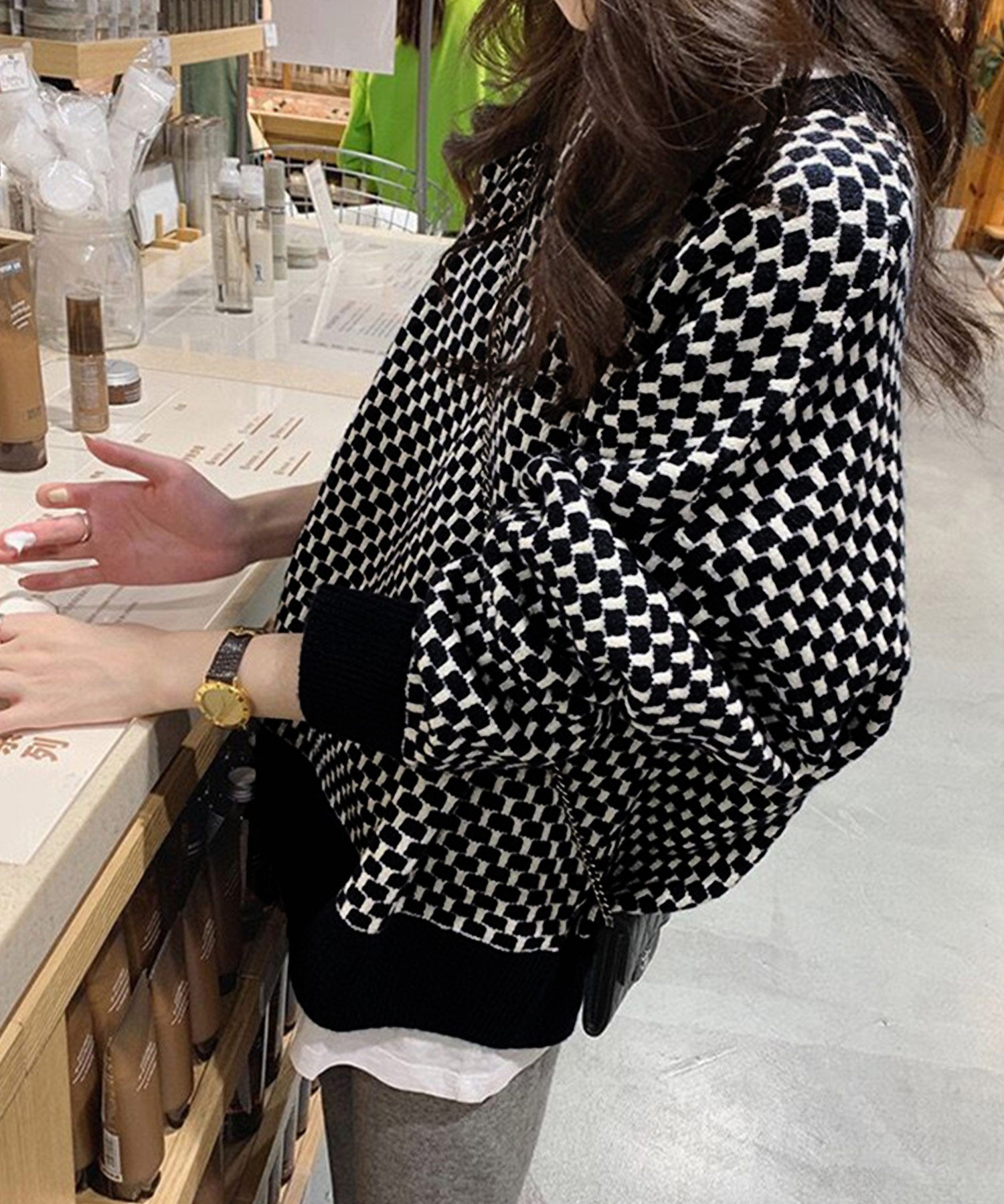 ニナエリナ Nina et Lina ブロックチェック柄ニット (ブラック) ブラック