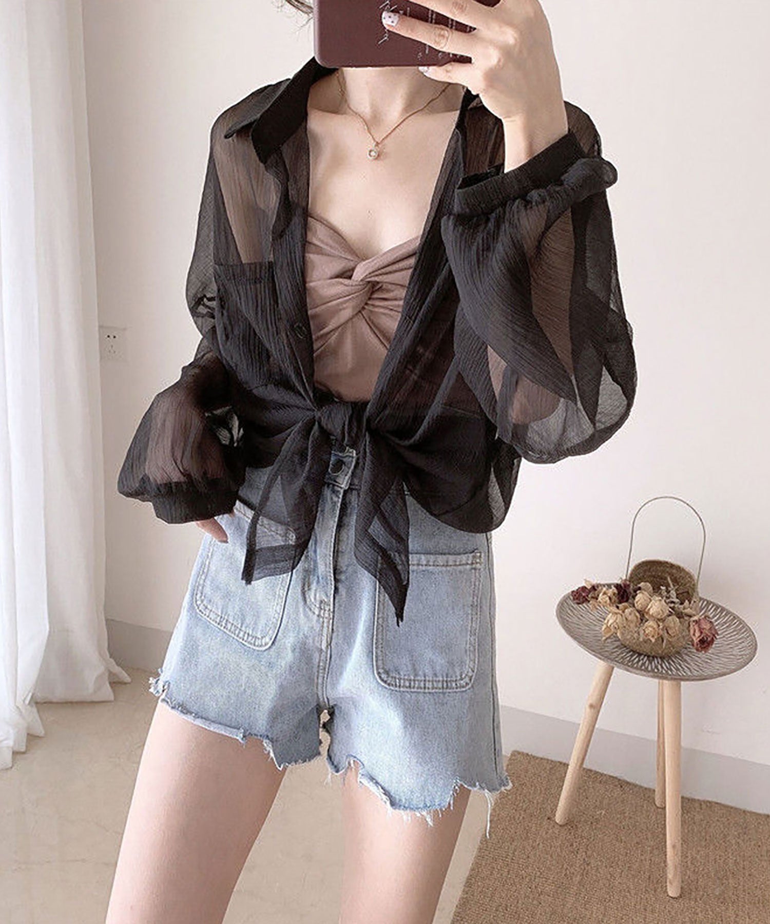 ニナエリナ Nina et Lina シアーシャツブラウス (ブラック) ブラック