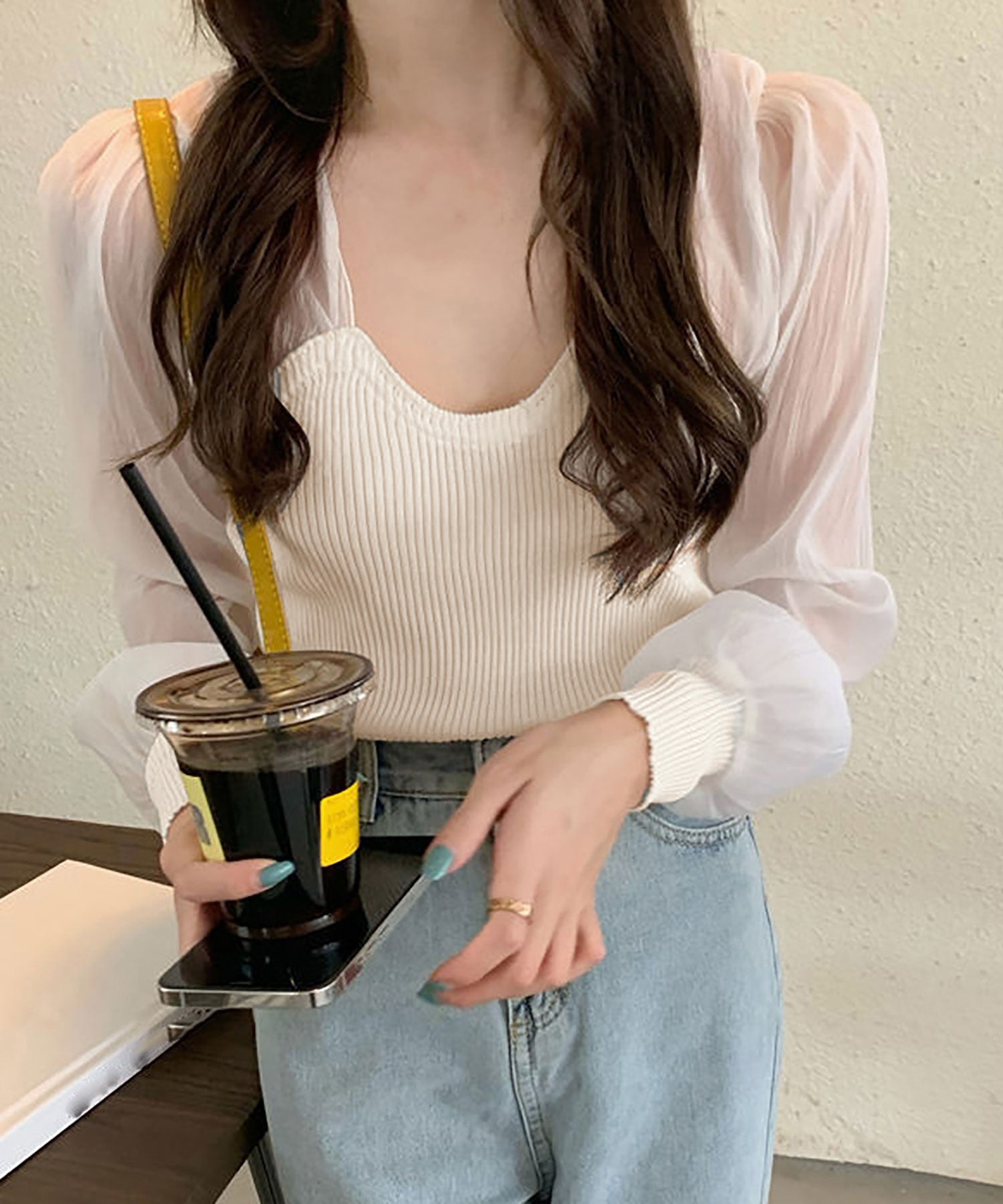 ニナエリナ Nina et Lina シフォン切り替えリブニット (ブラック) ブラック