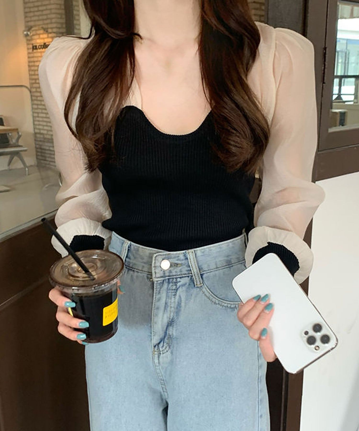 ニナエリナ Nina et Lina シフォン切り替えリブニット (ブラック) ブラック