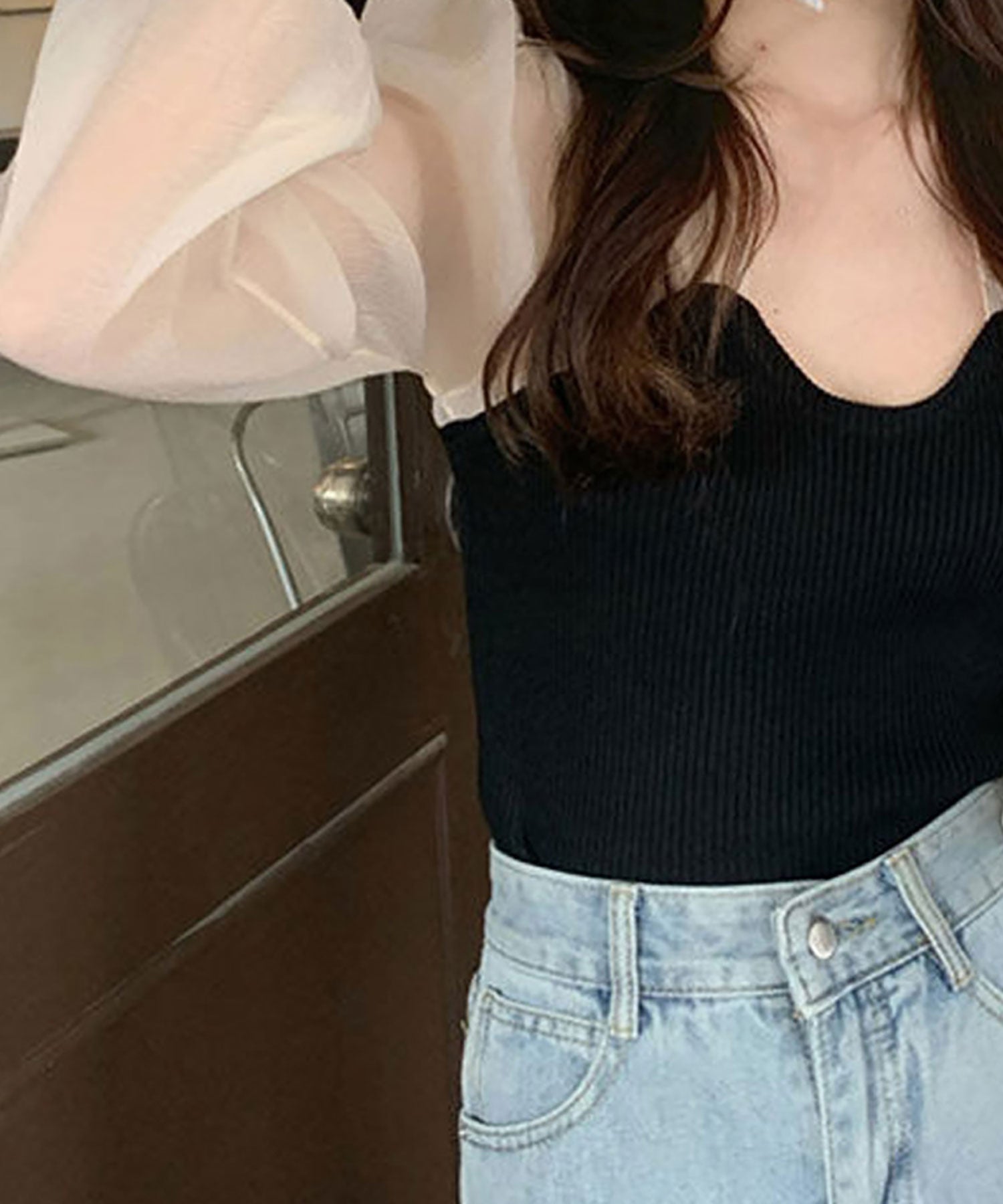 ニナエリナ Nina et Lina シフォン切り替えリブニット (ブラック) ブラック