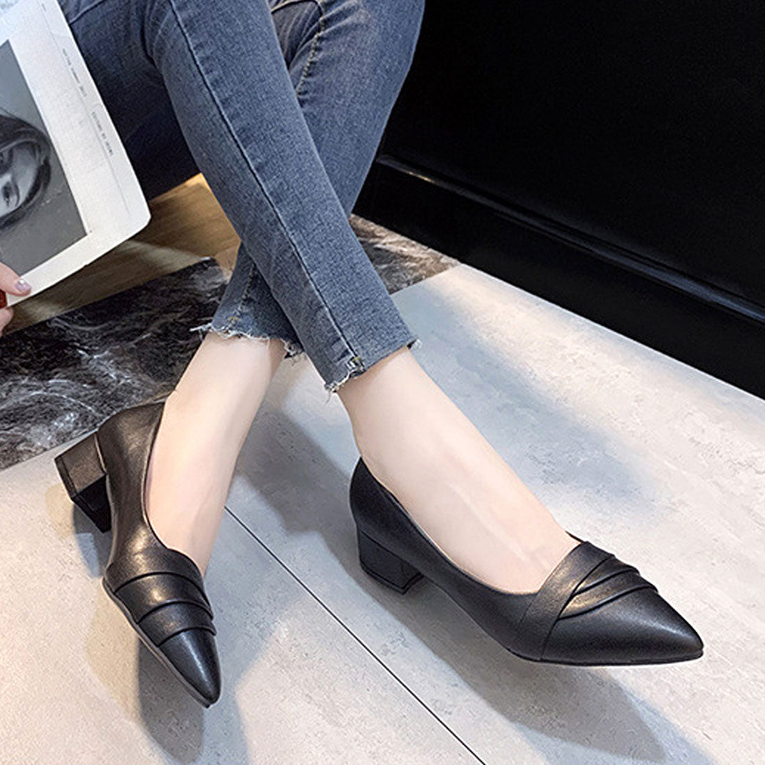 Dewlily Pointed Toe Pumps for Women, Teens, 20s, 30s, Korean Fashion, Casual Shoes, Cute, Simple, Adult, Black, Heels, Commuting, Comfortable to Walk
