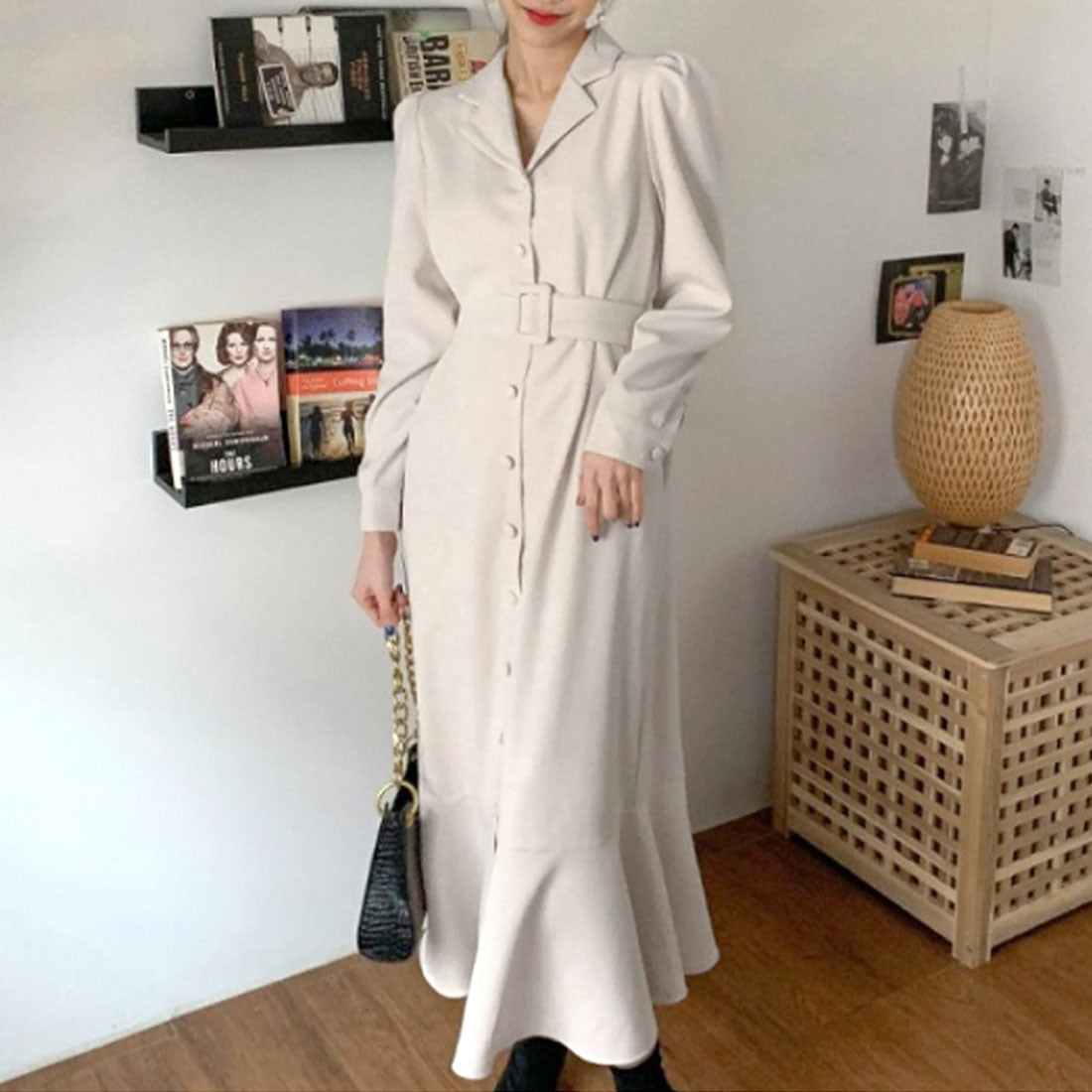 casual mermaid dress Dewlily V-neck Mermaid Dress for Women, Long Sleeve, Maxi Length, Solid Color, Spring/Autumn, Teens, 20s, 30s, Korean Fashion, Office Casual, Adult, C