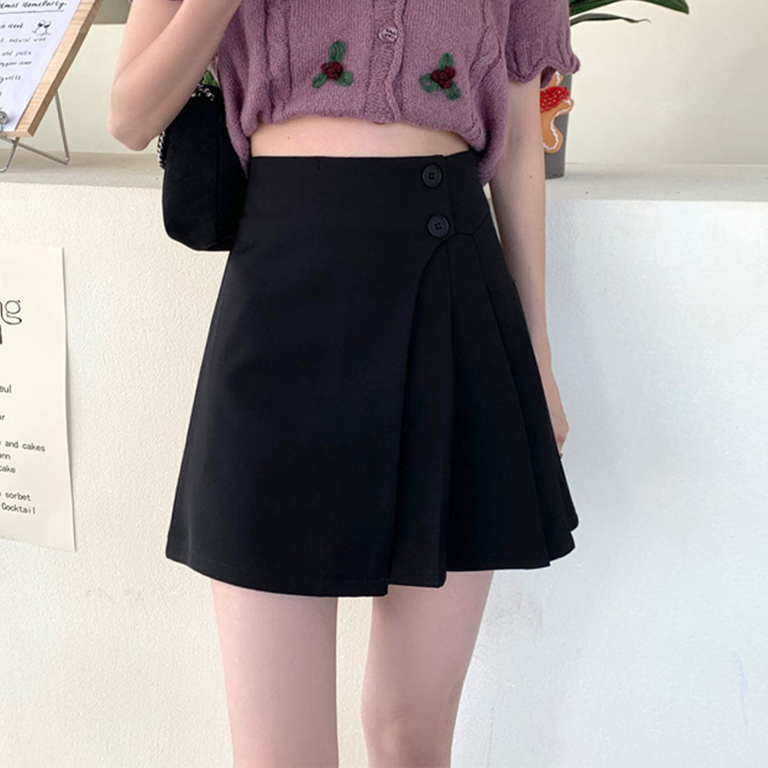 デューリリー Dewlily プリーツミニスカート レディース 無地 春服 夏 秋 10代 20代 30代 韓国ファッション ラップスカート インナーパンツ キュロット Aライン 大きいサイズ (ブラック) ブラック
