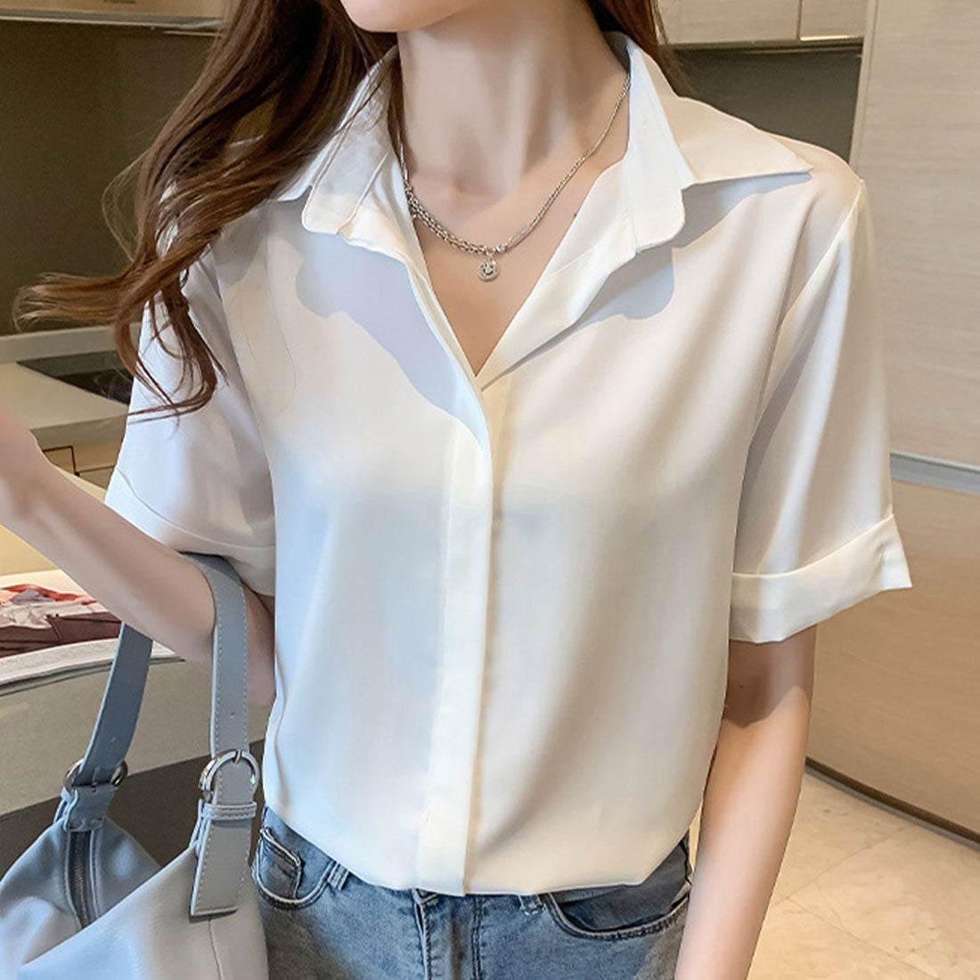 Dewlily Short Sleeve Loose Blouse for Women Tops Solid Color Spring Clothes Summer Teens 20s 30s Korean Fashion Hidden Button Shirt Office Casual Large Sizes Dull Colors