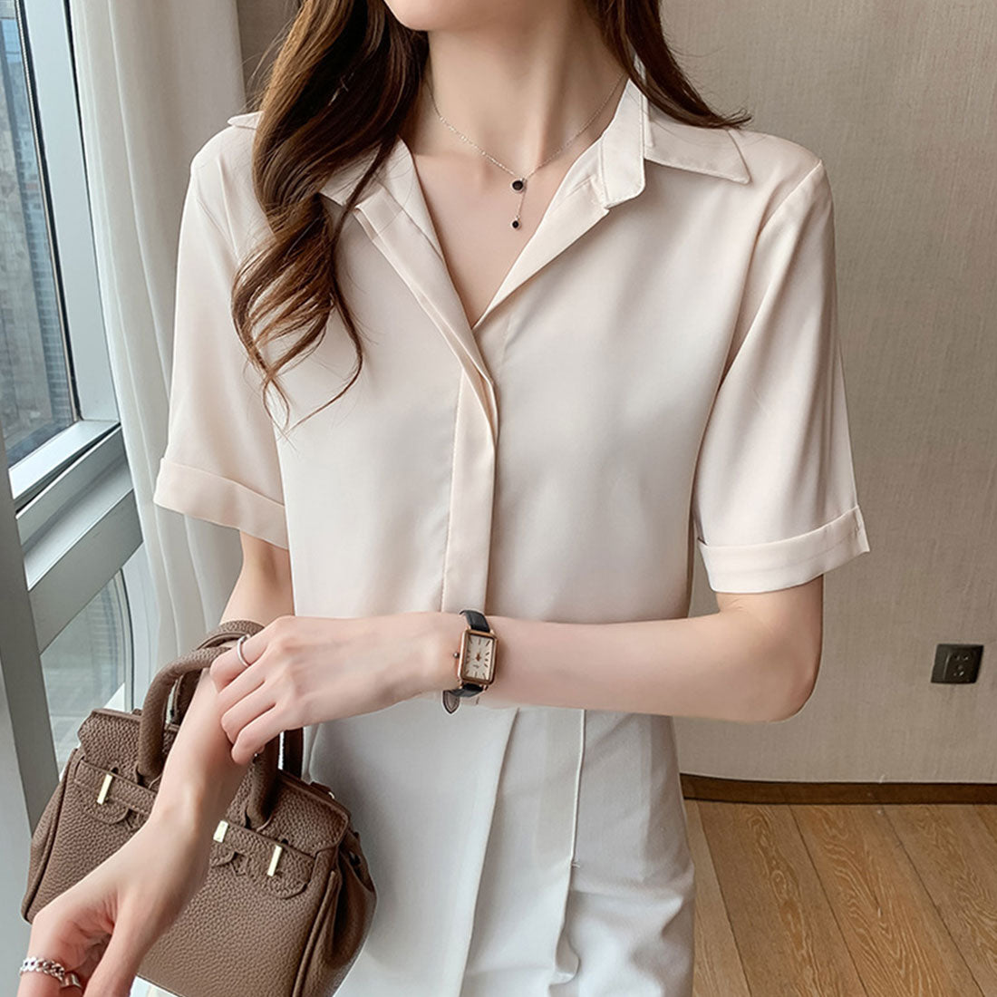 Dewlily Short Sleeve Loose Blouse for Women Tops Solid Color Spring Clothes Summer Teens 20s 30s Korean Fashion Hidden Button Shirt Office Casual Large Sizes Dull Colors