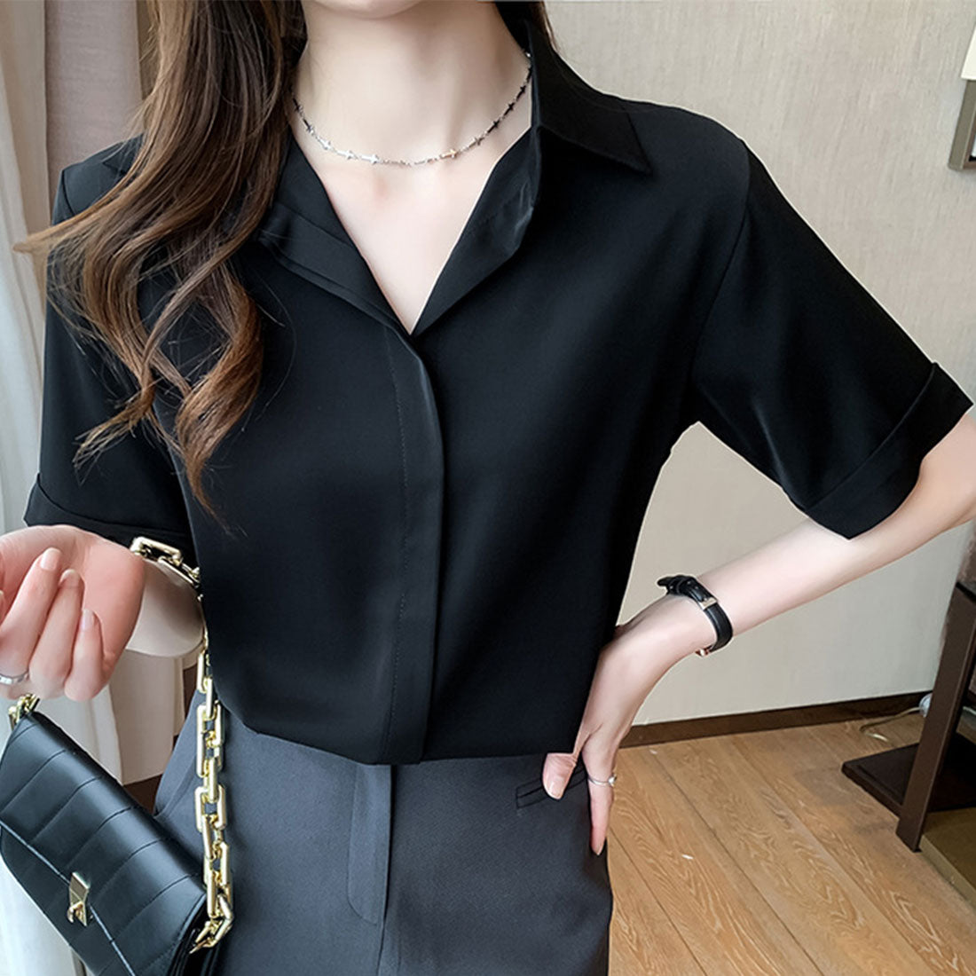 Dewlily Short Sleeve Loose Blouse for Women Tops Solid Color Spring Clothes Summer Teens 20s 30s Korean Fashion Hidden Button Shirt Office Casual Large Sizes Dull Colors