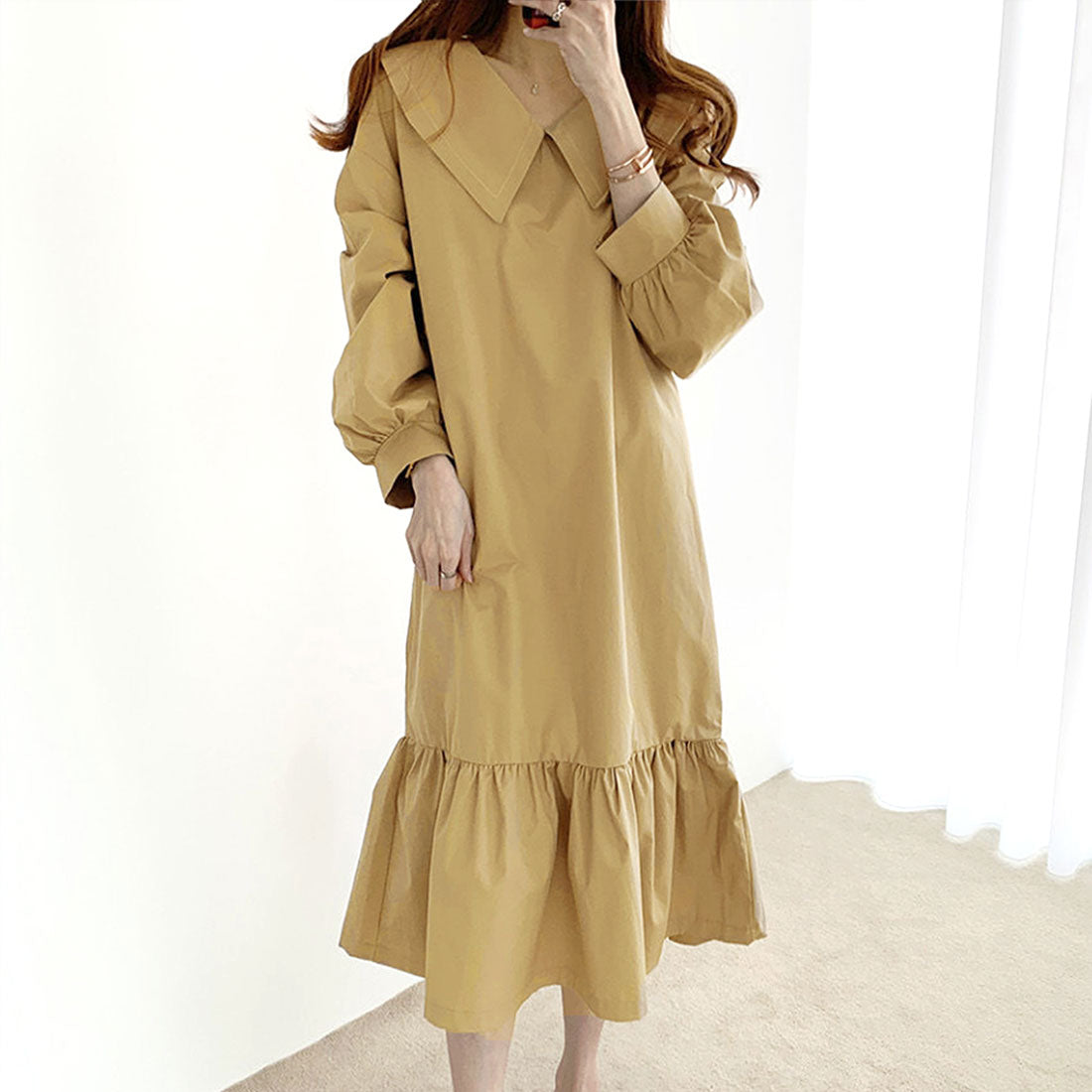 Dewlily Long Sleeve Flare Dress for Women, Solid Color, Spring Clothes, Summer, Autumn, Teens, 20s, 30s, Korean Fashion, Big Collar, Ruffles, Spring Dress, Large Size