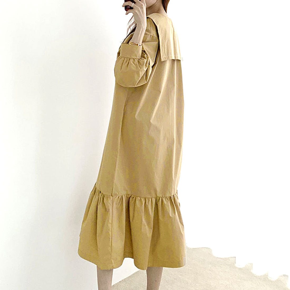 Dewlily Long Sleeve Flare Dress for Women, Solid Color, Spring Clothes, Summer, Autumn, Teens, 20s, 30s, Korean Fashion, Big Collar, Ruffles, Spring Dress, Large Size