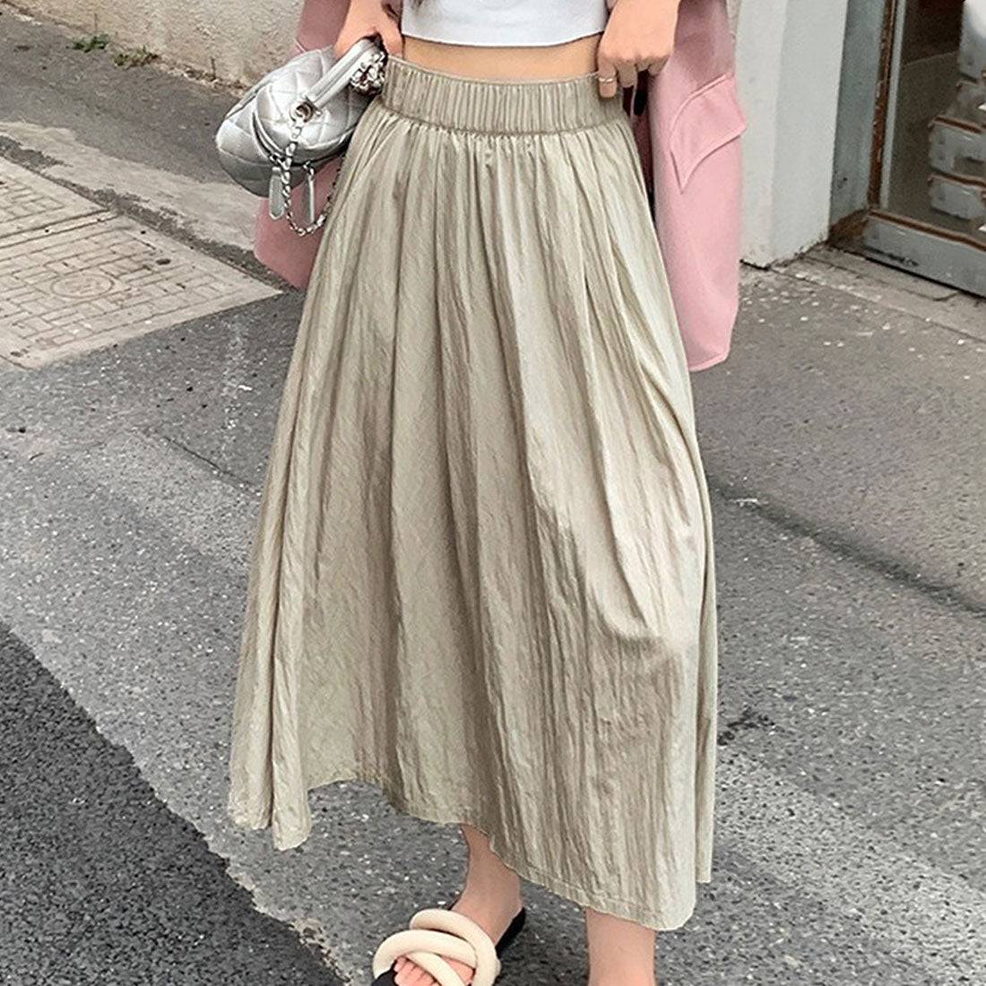 デューリリー Dewlily タックフレアスカート レディース 10代 20代 30代 韓国ファッション 春 夏 秋 カジュアル 可愛い おしゃれ シンプル 黒 無地 (アイボリー) アイボリー