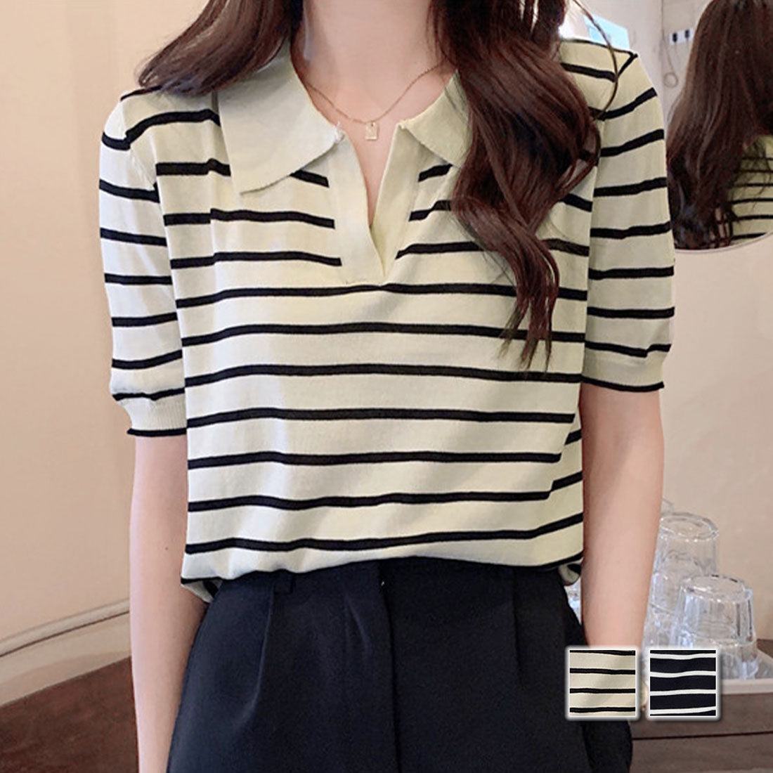 デューリリー Dewlily スキッパーボーダー半袖ニット レディース 10代 20代 30代 韓国ファッション 春 夏 秋 大人 カジュアル 可愛い おしゃれ シンプル 白 黒