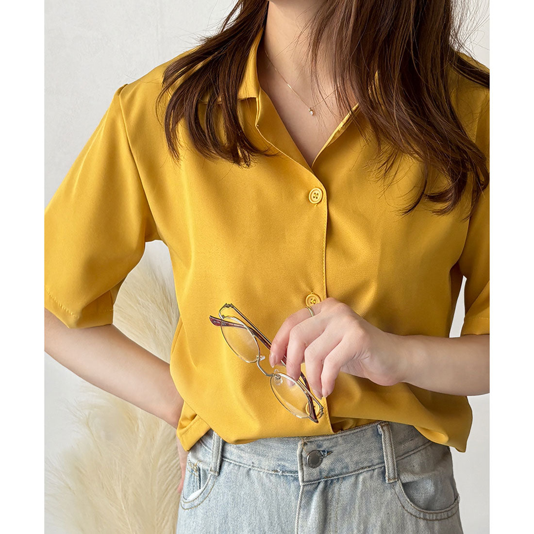デューリリー Dewlily オープンカラー半袖シャツ レディース 韓国 春夏 シンプル カジュアル ブラウス 無地 おしゃれ 大人 かわいい お出かけ トップス 涼しげ らくちん (イエロー) イエロー