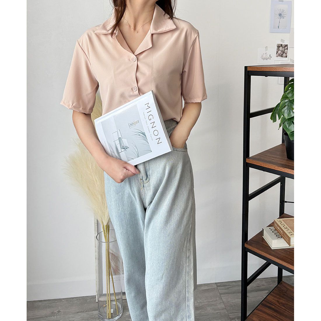 デューリリー Dewlily オープンカラー半袖シャツ レディース 韓国 春夏 シンプル カジュアル ブラウス 無地 おしゃれ 大人 かわいい お出かけ トップス 涼しげ らくちん (イエロー) イエロー