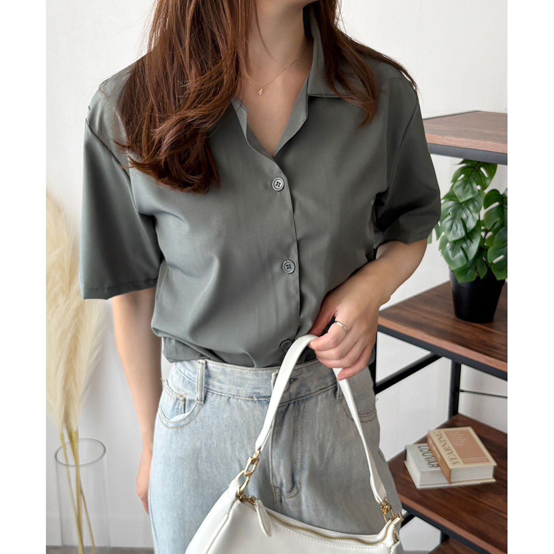 デューリリー Dewlily オープンカラー半袖シャツ レディース 韓国 春夏 シンプル カジュアル ブラウス 無地 おしゃれ 大人 かわいい お出かけ トップス 涼しげ らくちん (イエロー) イエロー