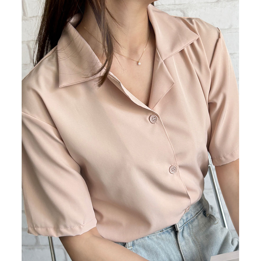 デューリリー Dewlily オープンカラー半袖シャツ レディース 韓国 春夏 シンプル カジュアル ブラウス 無地 おしゃれ 大人 かわいい お出かけ トップス 涼しげ らくちん (ベージュ) ベージュ