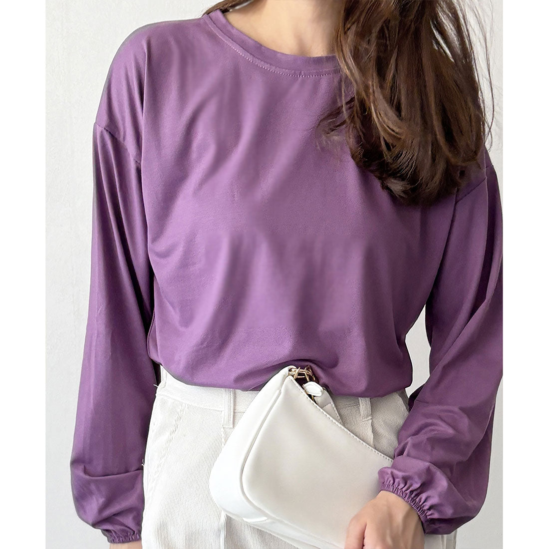 デューリリー Dewlily ボリューム袖カットソー レディース 韓国 カジュアル 長袖 ゆったり 無地 シンプル トップス 大人 リラックス 春 夏 秋 冬 着回し 普段着 (パープル) パープル