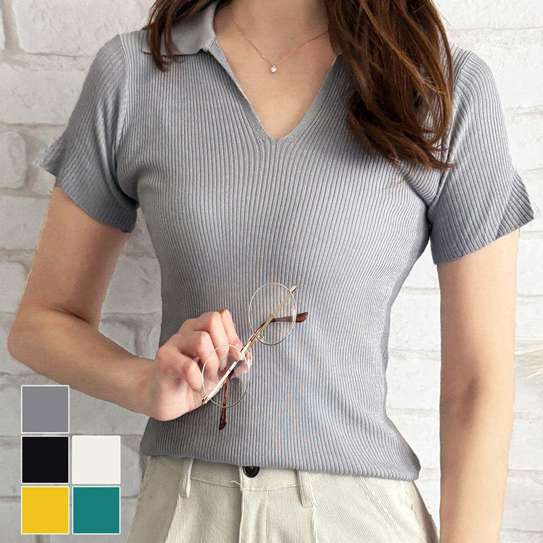 デューリリー Dewlily スキッパー半袖ポロニット レディース 韓国 カジュアル シンプル ショート丈 おしゃれ かわいい 大人 春 夏 着回し お出かけ トップス シャツ (イエロー) イエロー