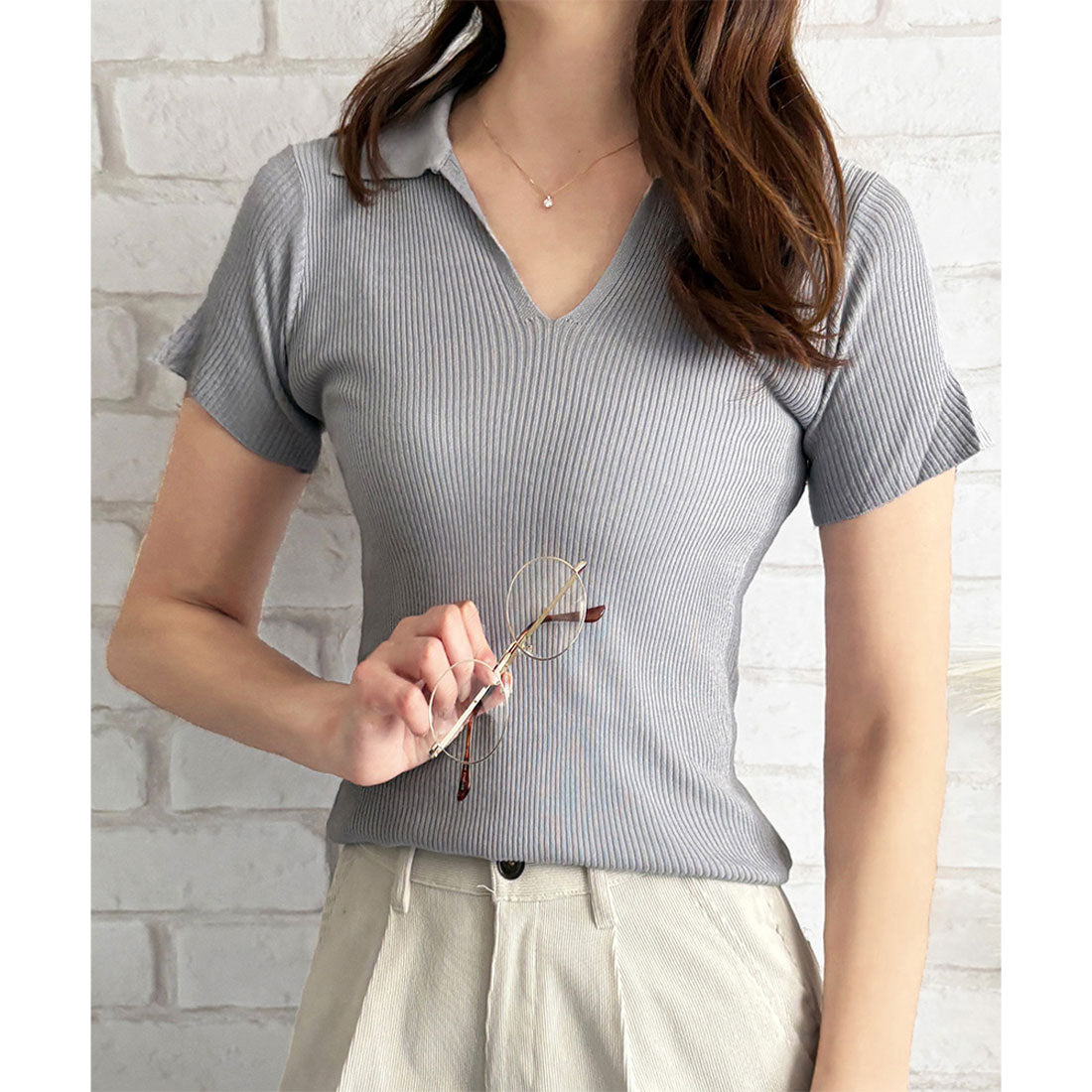 デューリリー Dewlily スキッパー半袖ポロニット レディース 韓国 カジュアル シンプル ショート丈 おしゃれ かわいい 大人 春 夏 着回し お出かけ トップス シャツ (イエロー) イエロー